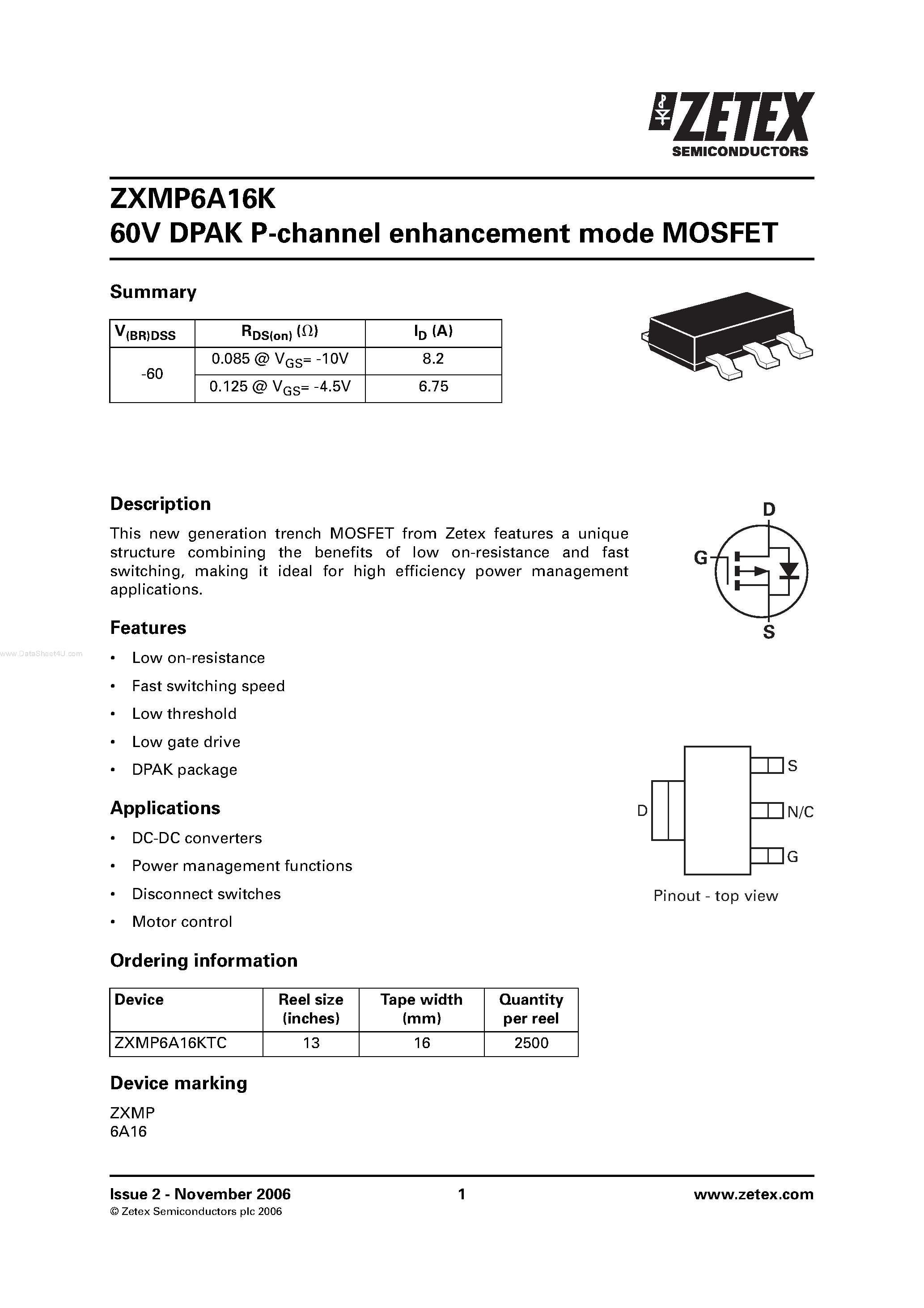 Даташит на микросхему ZXMP6A16K страница 1 Даташит ZXMP6A16K - 60V DPAK P-channel enhancement mode MOSFET страница 1