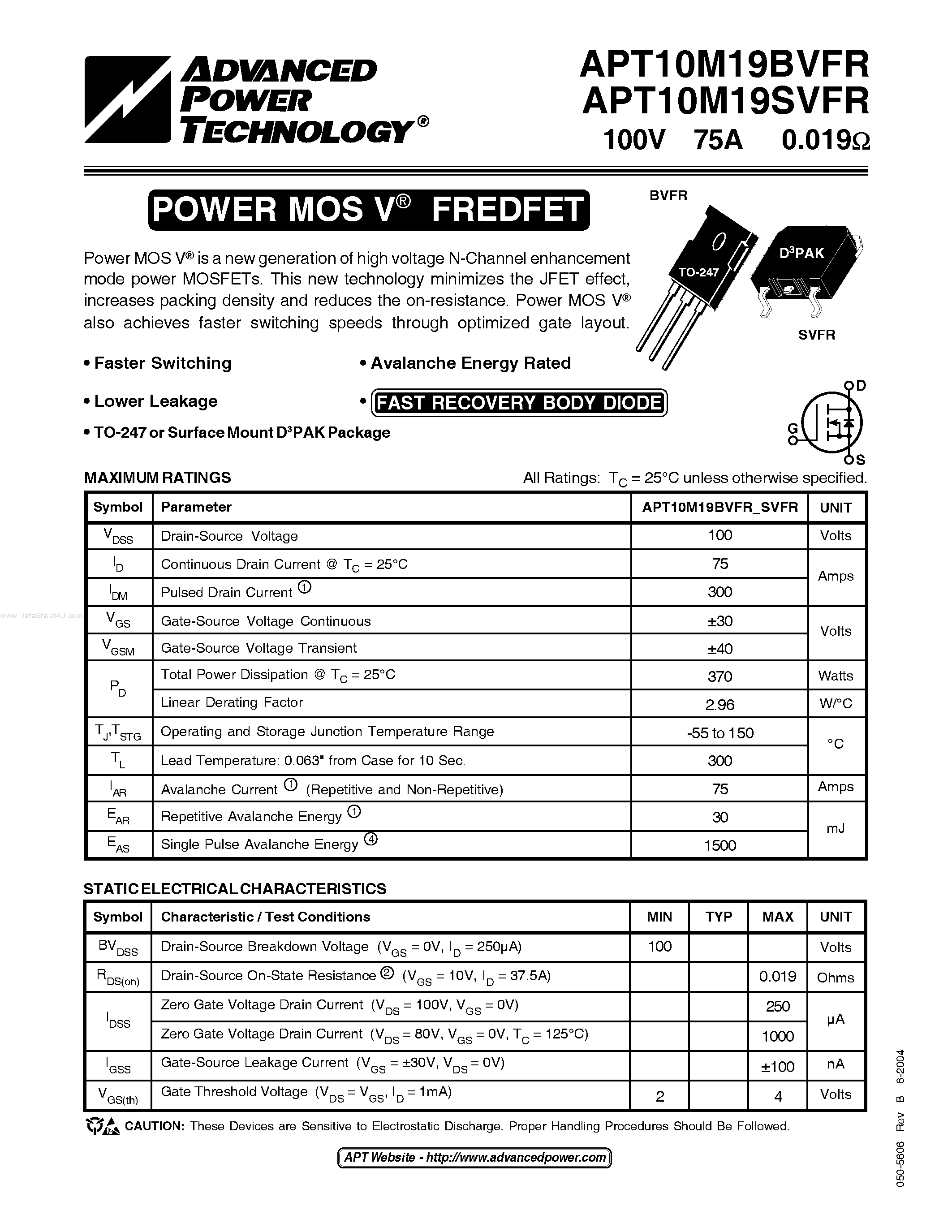 Datasheet APT10M19SVFR - POWER MOS V FREDFET page 1