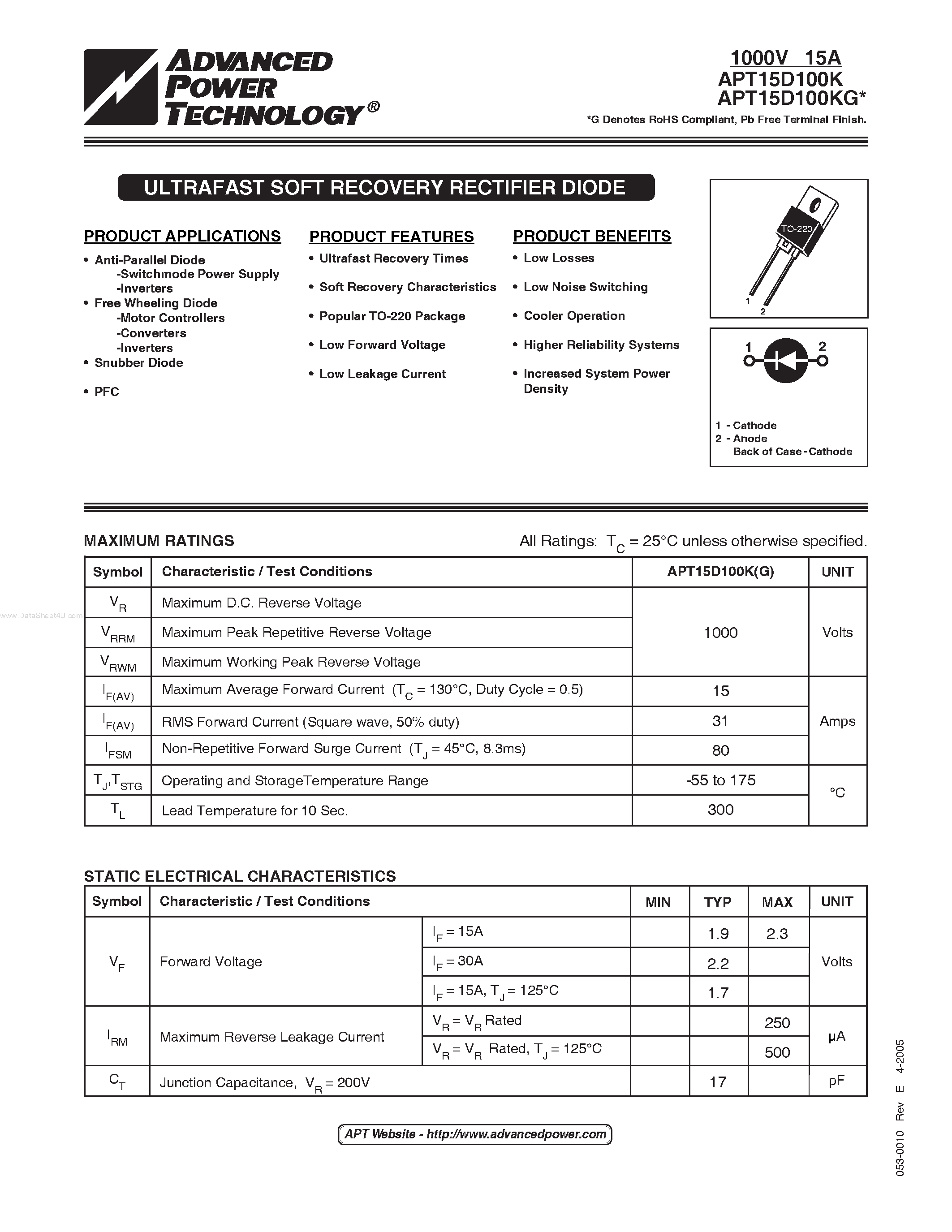 Datasheet APT15D100KG page 1 Datasheet APT15D100KG - ULTRAFAST SOFT RECOVERY RECTIFIER DIODE page 1