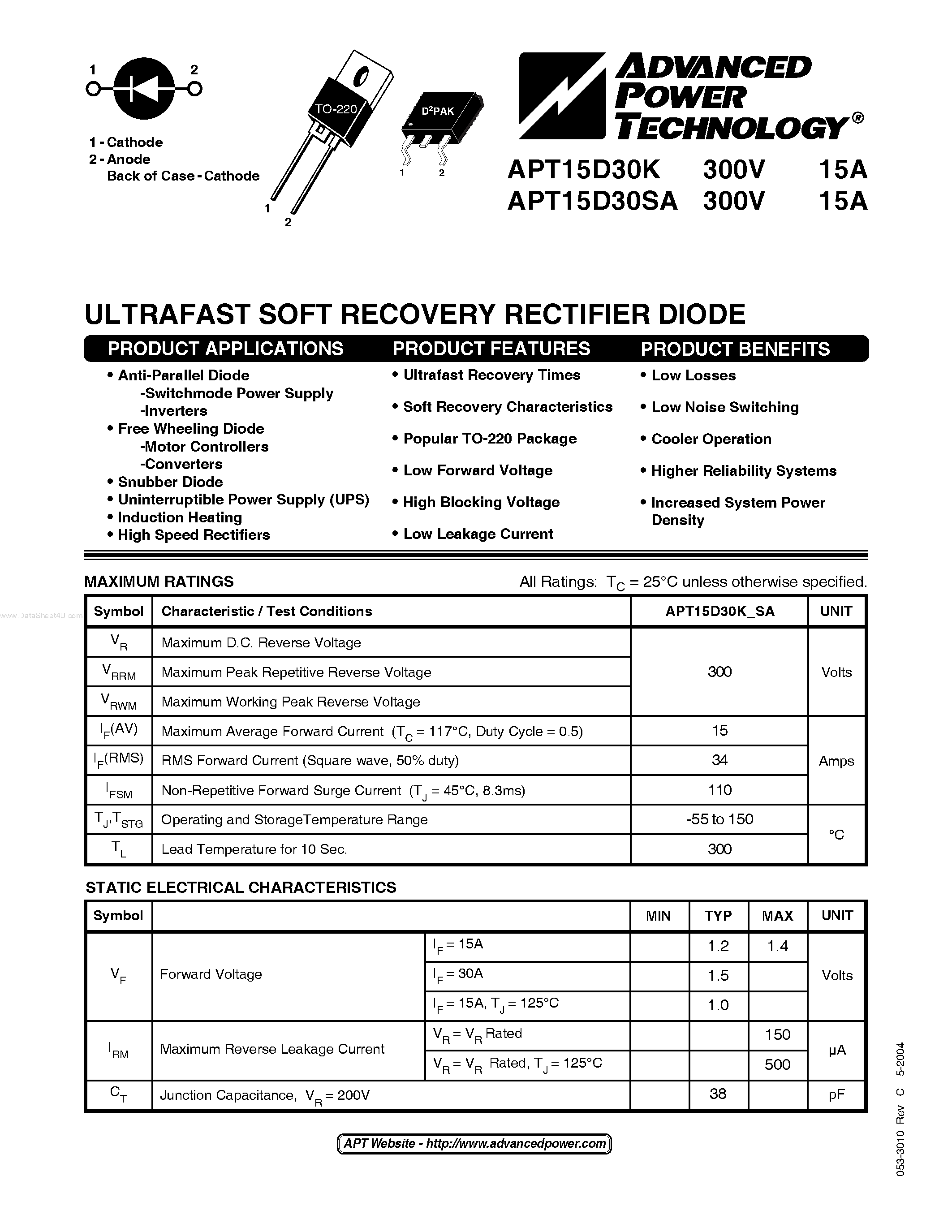 Datasheet APT15D30SA - ULTRAFAST SOFT RECOVERY RECTIFIER DIODE page 1