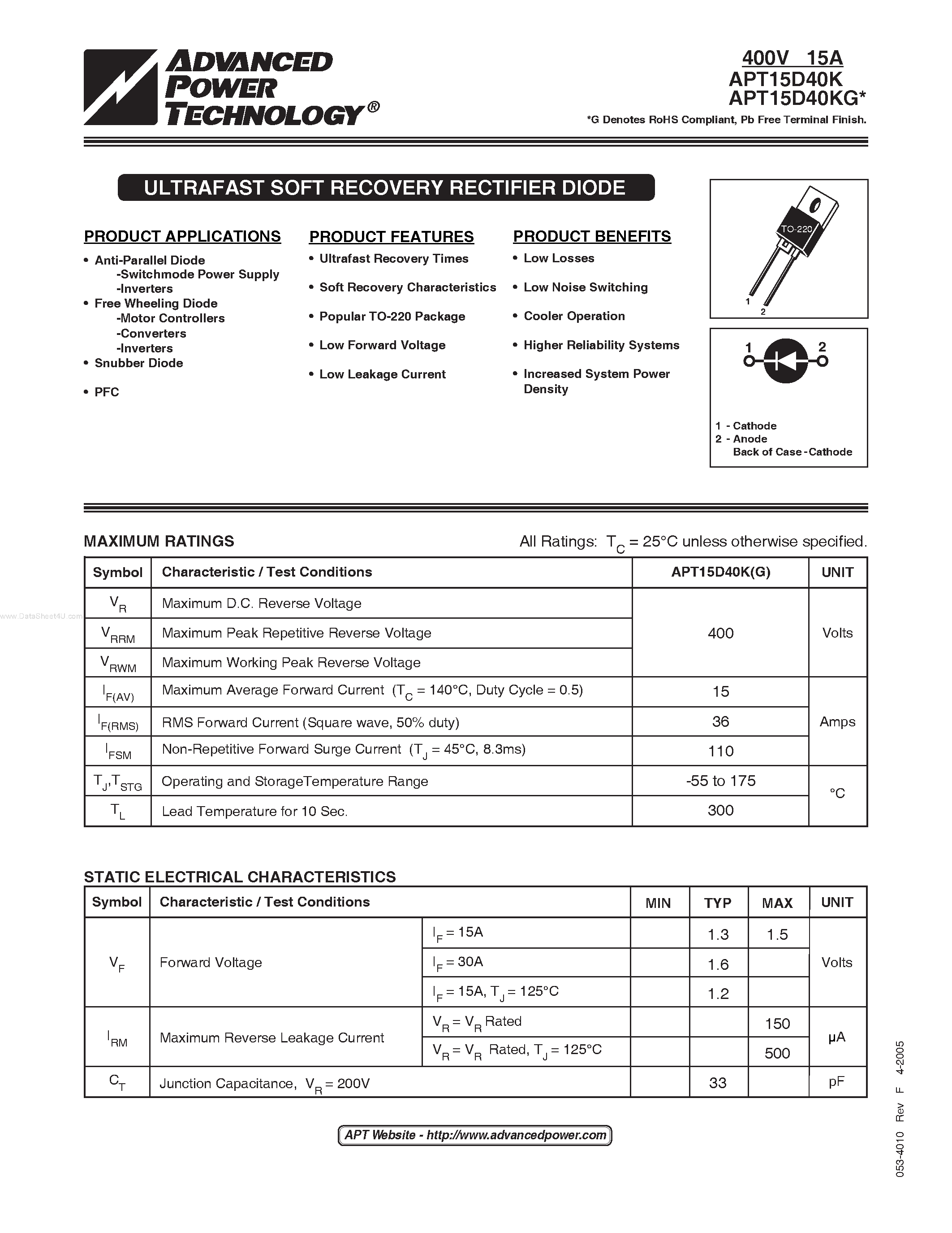Datasheet APT15D40KG - ULTRAFAST SOFT RECOVERY RECTIFIER DIODE page 1