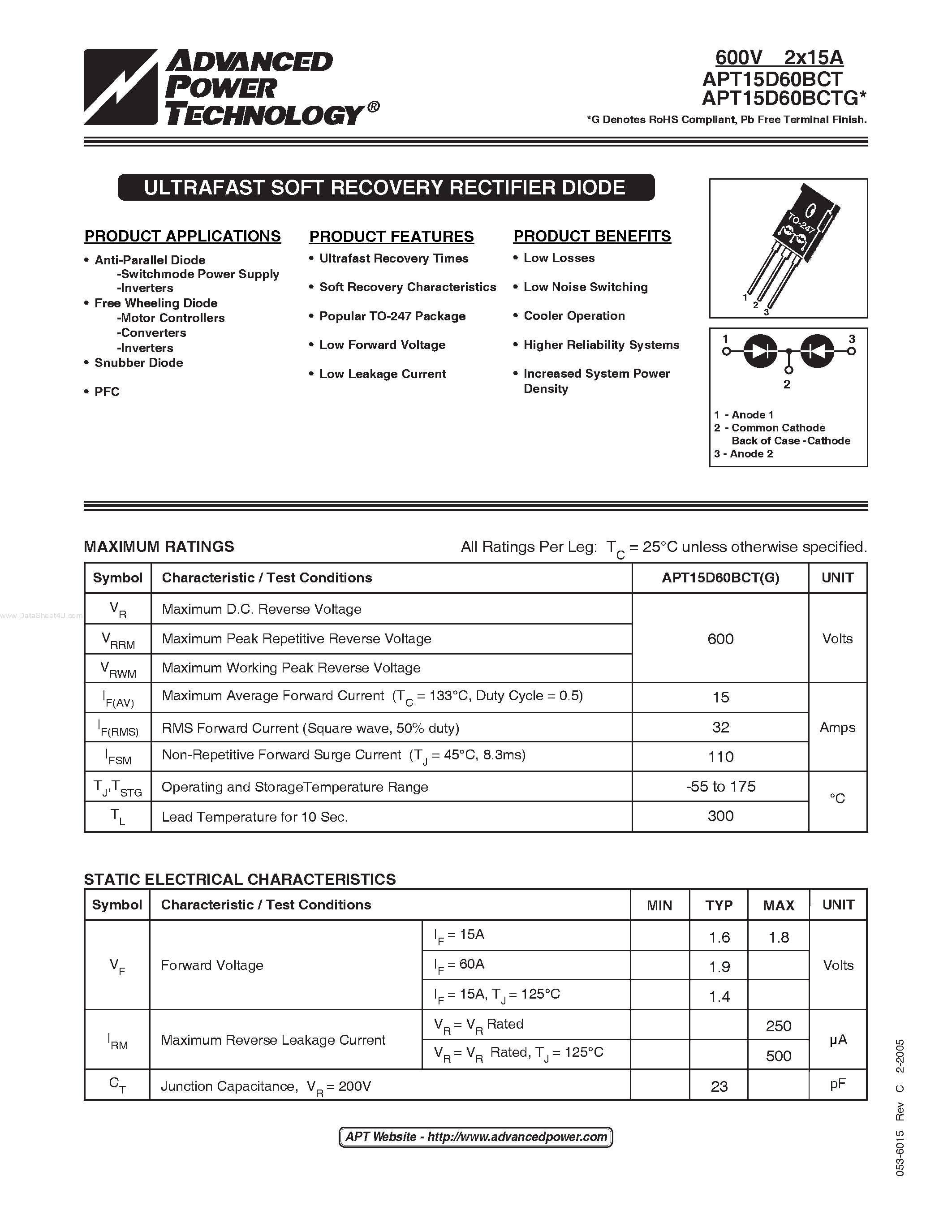 Datasheet APT15D60BCTG - ULTRAFAST SOFT RECOVERY RECTIFIER DIODE page 1