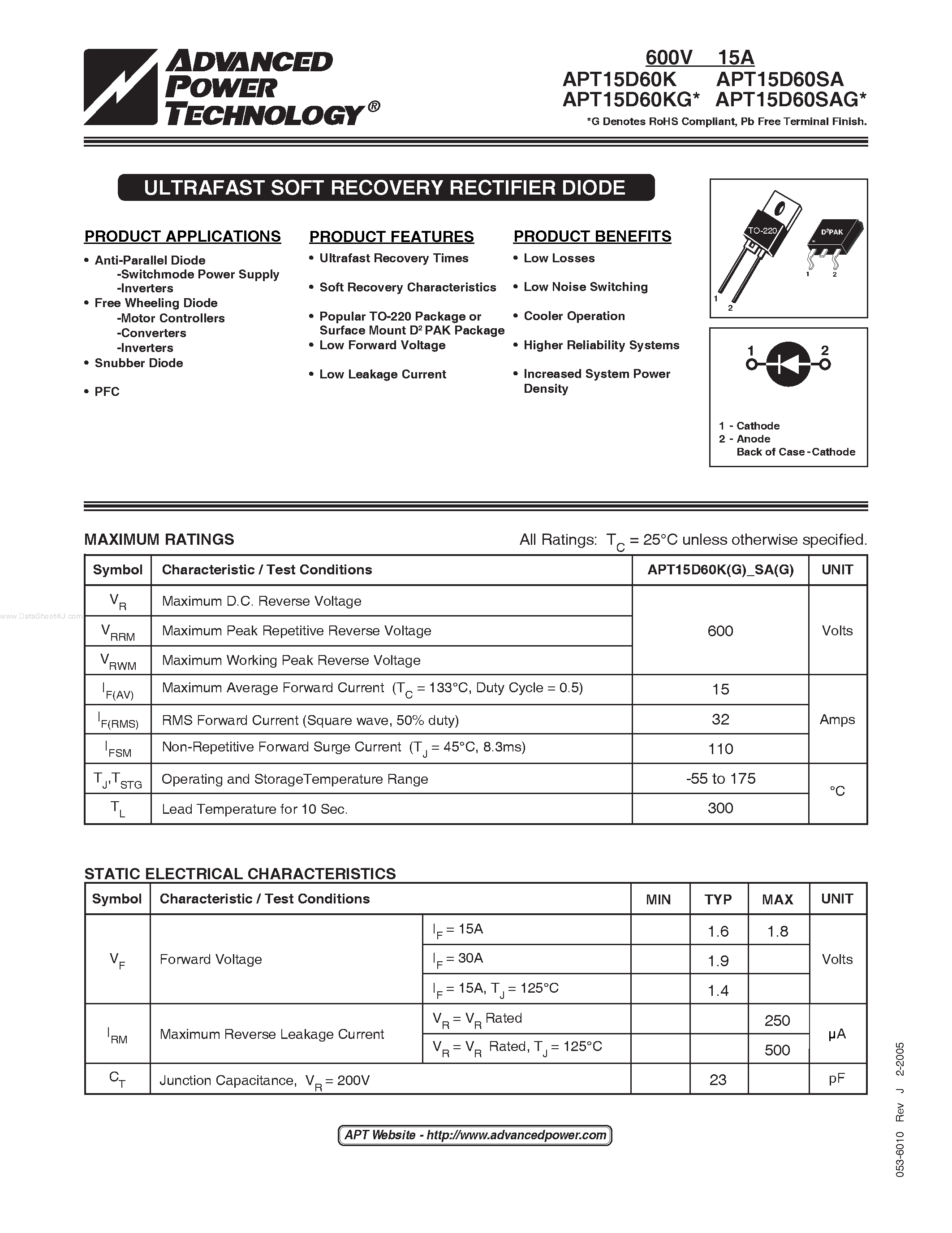Datasheet APT15D60KG - ULTRAFAST SOFT RECOVERY RECTIFIER DIODE page 1