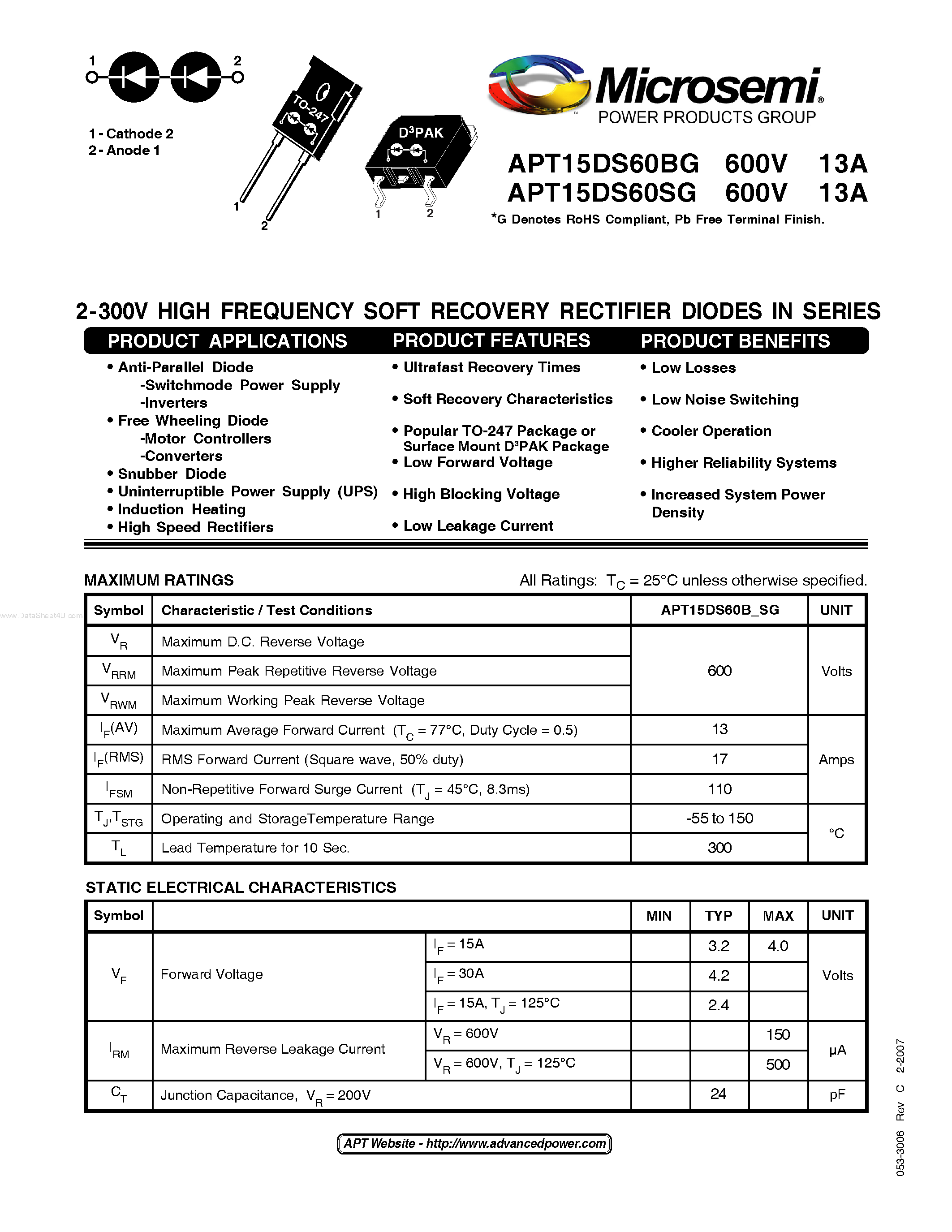 Datasheet APT15DS60BG page 1 Datasheet APT15DS60BG - (APT15DS60BG/SG) HIGH FREQUENCY SOFT RECOVERY RECTIFIER DIODES page 1