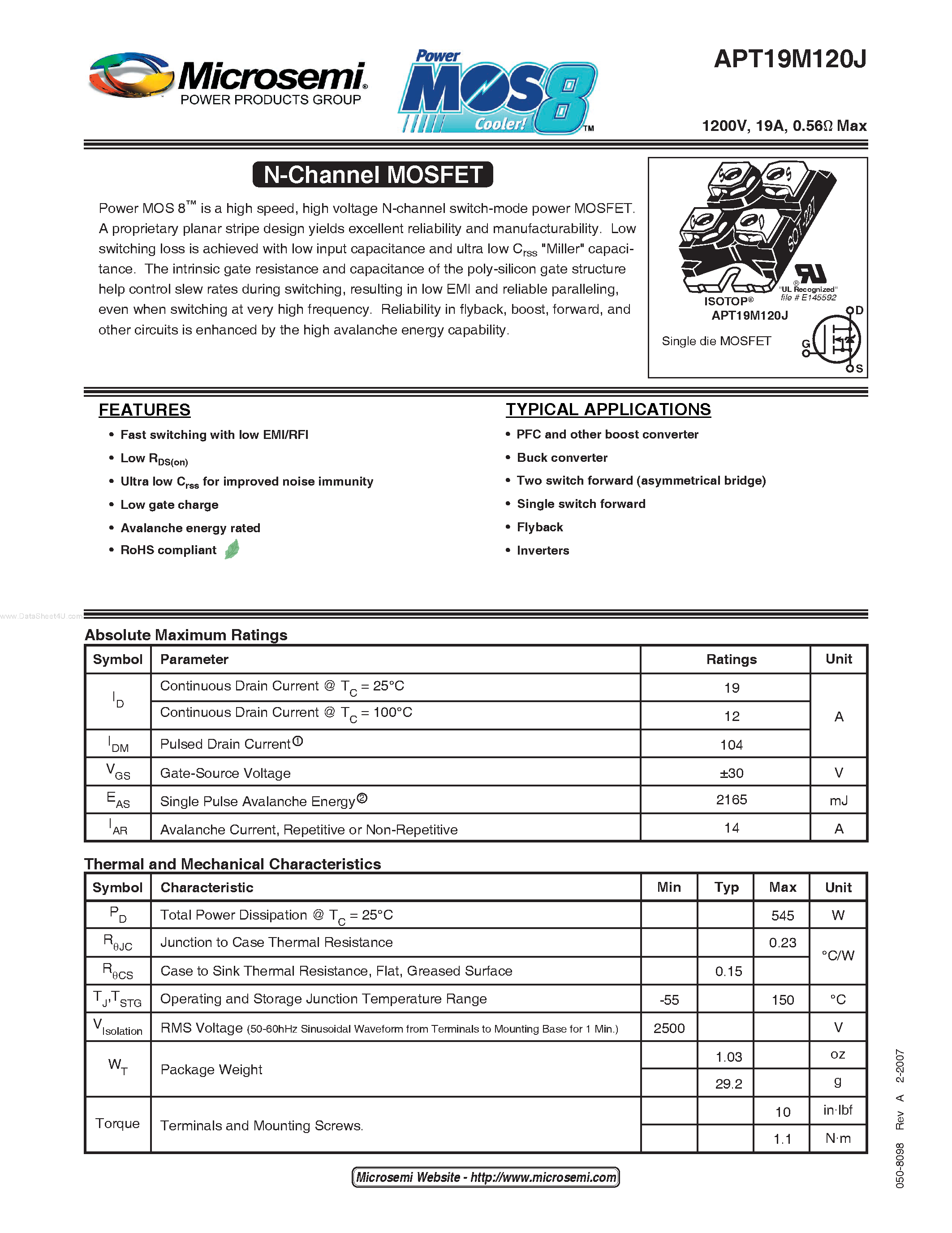 Datasheet APT19M120J - N-Channel MOSFET page 1