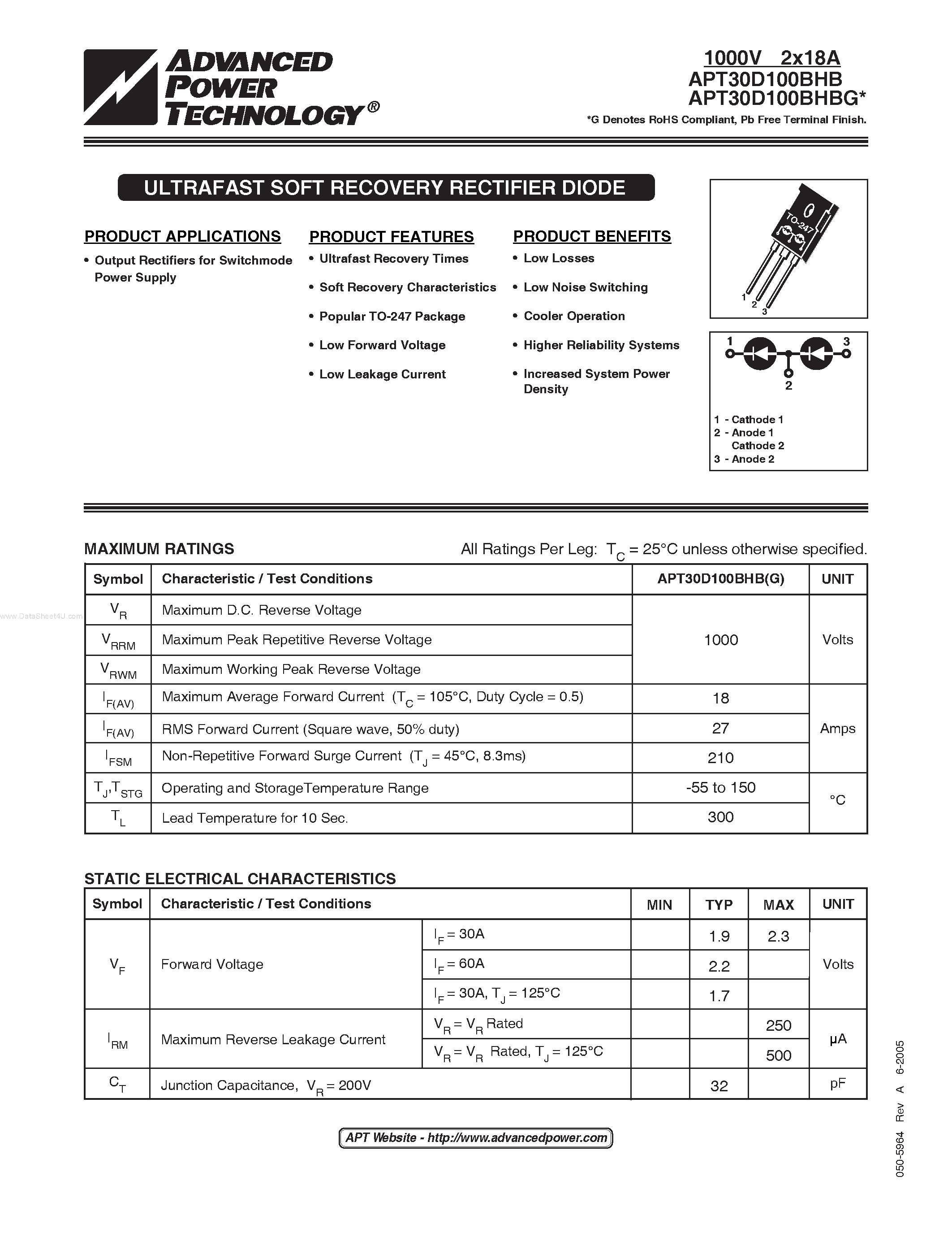 Datasheet APT30D100BHBG page 1 Datasheet APT30D100BHBG - ULTRAFAST SOFT RECOVERY RECTIFIER DIODE page 1