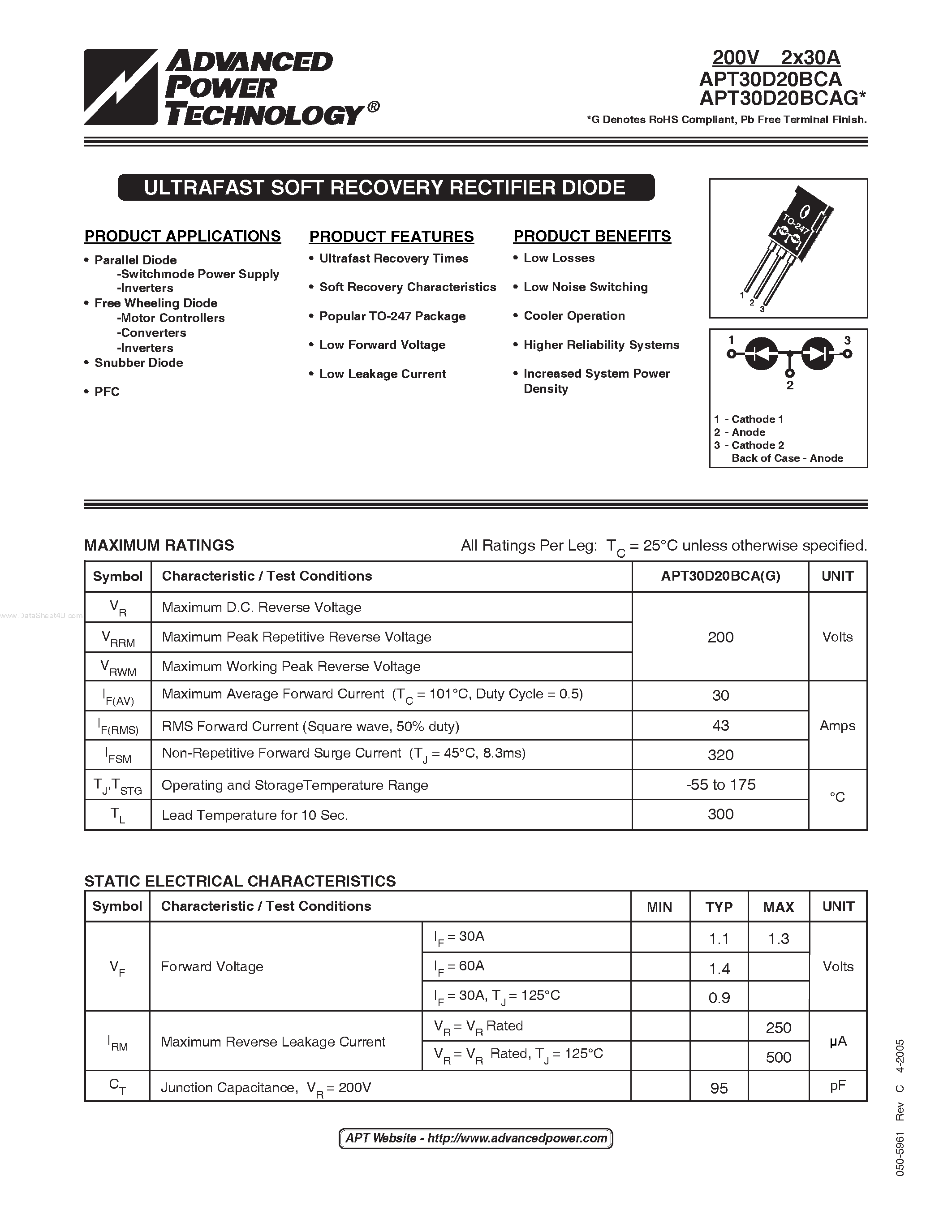 Datasheet APT30D20BCAG - ULTRAFAST SOFT RECOVERY RECTIFIER DIODE page 1