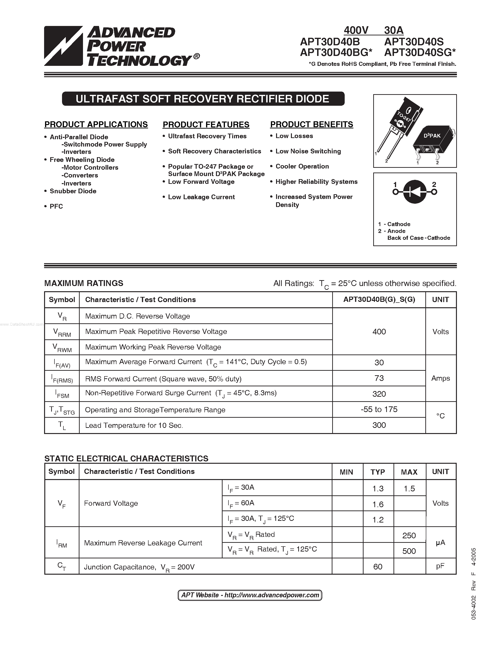 Datasheet APT30D40SG page 1 Datasheet APT30D40SG - ULTRAFAST SOFT RECOVERY RECTIFIER DIODE page 1