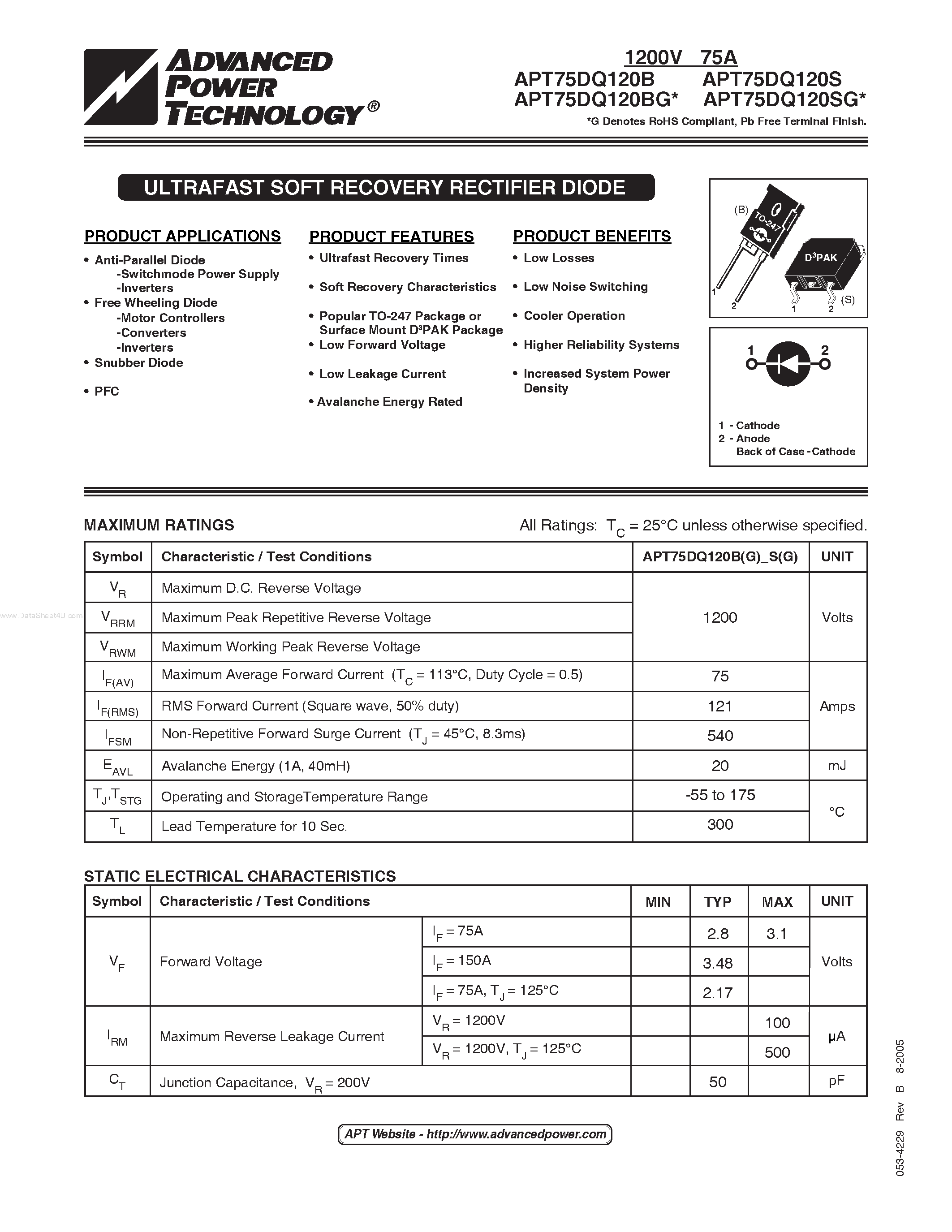 Datasheet APT75DQ120B page 1 Datasheet APT75DQ120B - ULTRAFAST SOFT RECOVERY RECTIFIER DIODE page 1