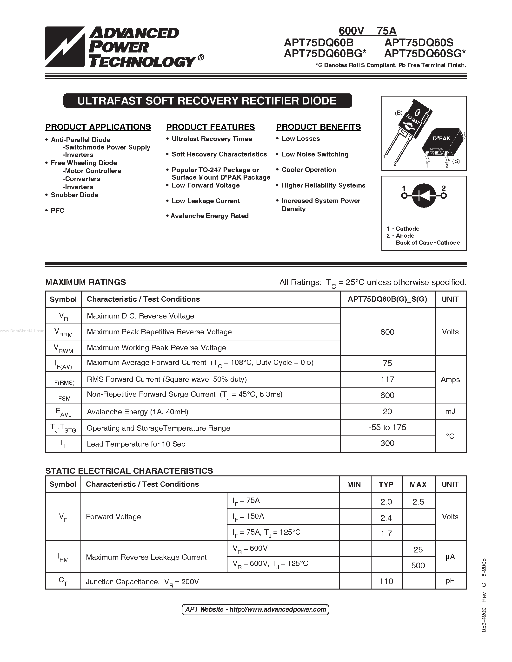 Datasheet APT75DQ60B page 1 Datasheet APT75DQ60B - ULTRAFAST SOFT RECOVERY RECTIFIER DIODE page 1