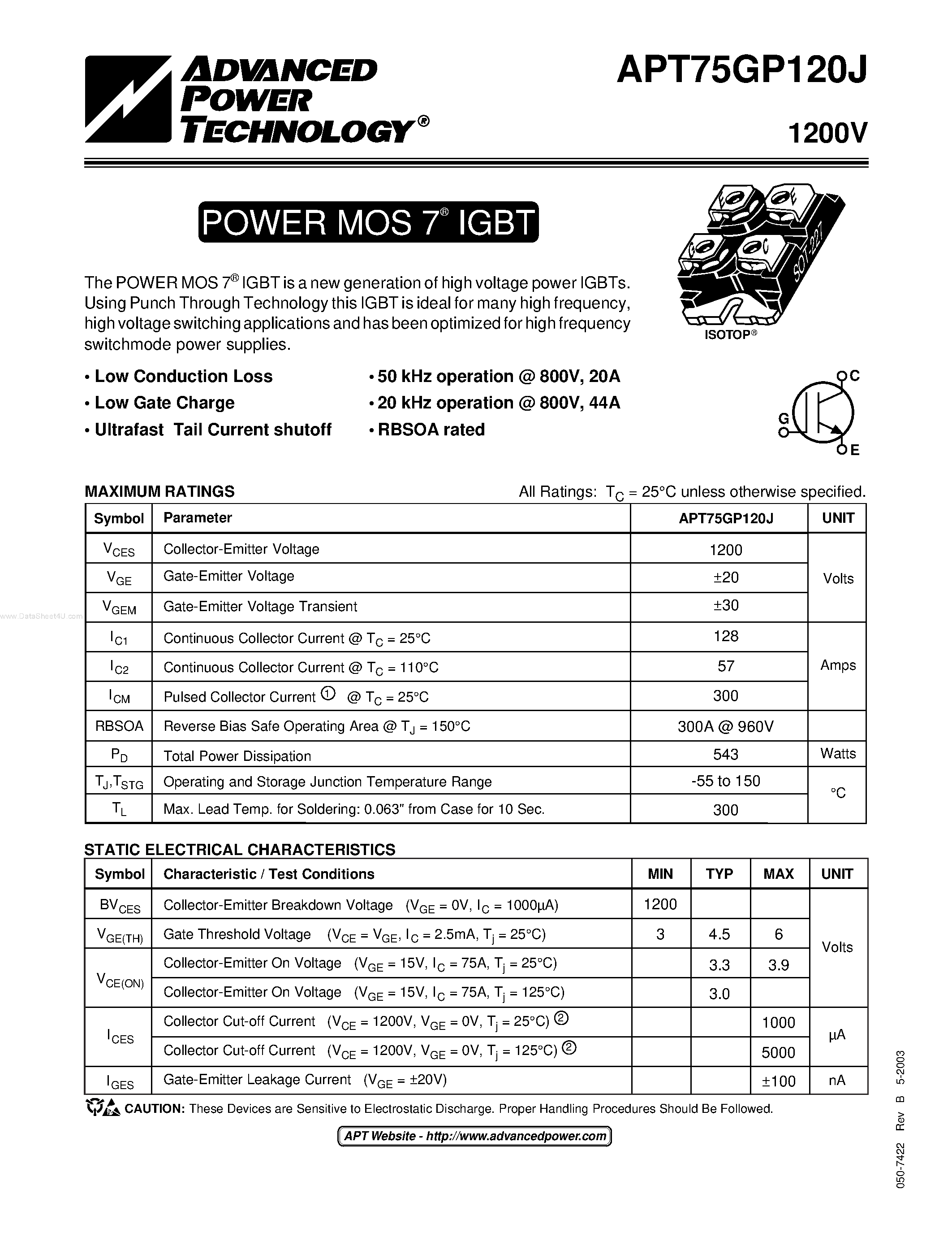 Datasheet APT75GP120J - POWER MOS 7 IGBT page 1