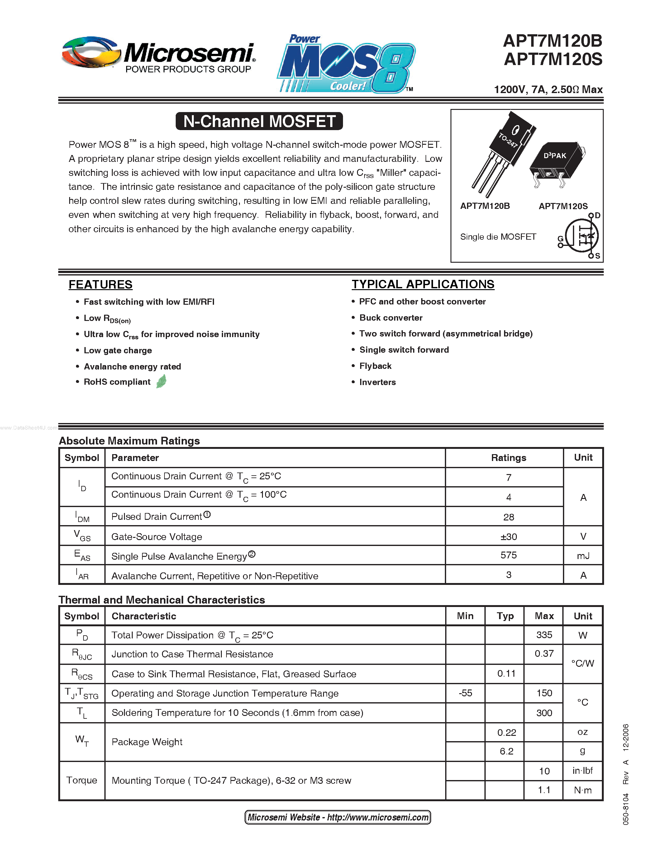 Datasheet APT7M120B - N-Channel MOSFET page 1