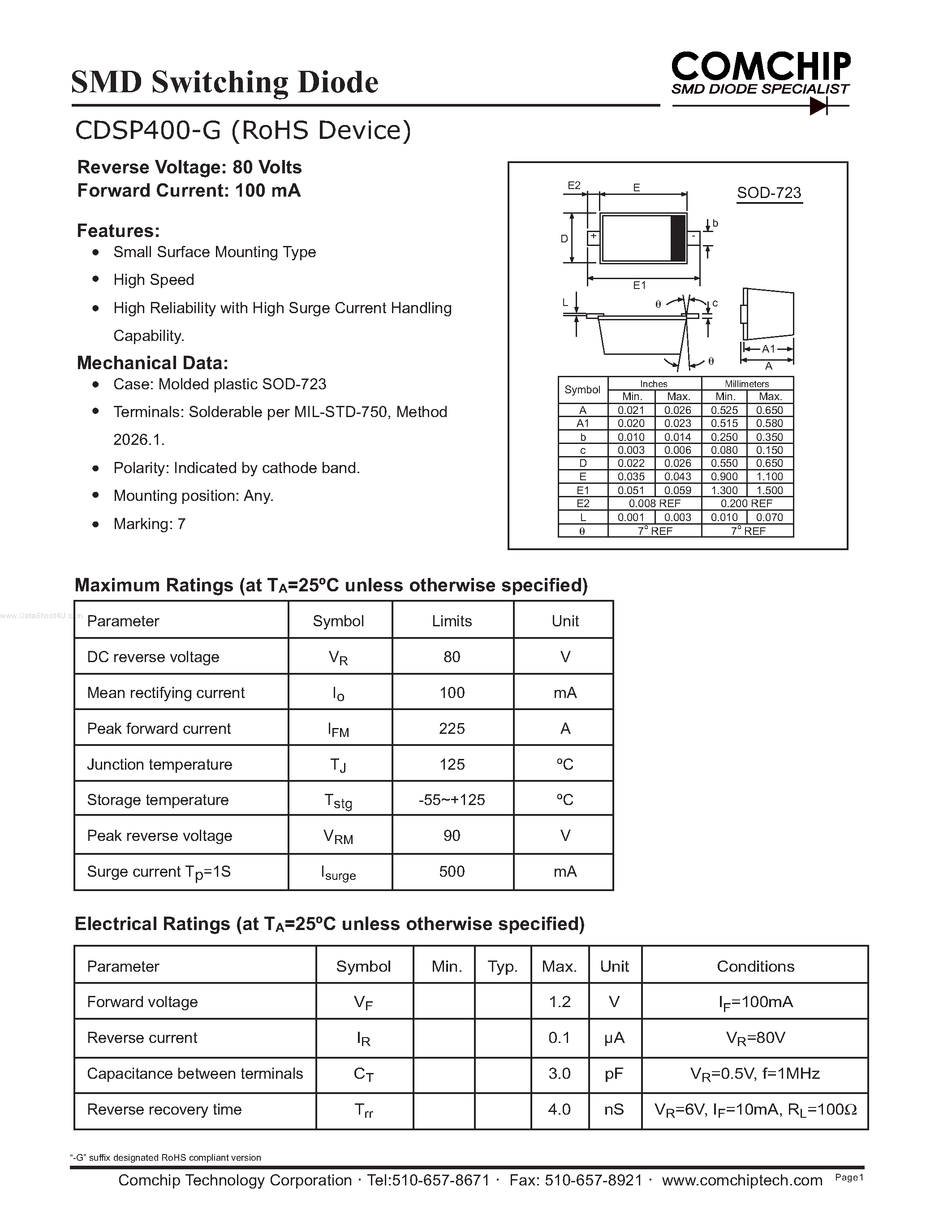 Даташит CDSP400-G - SMD Switching Diode страница 1