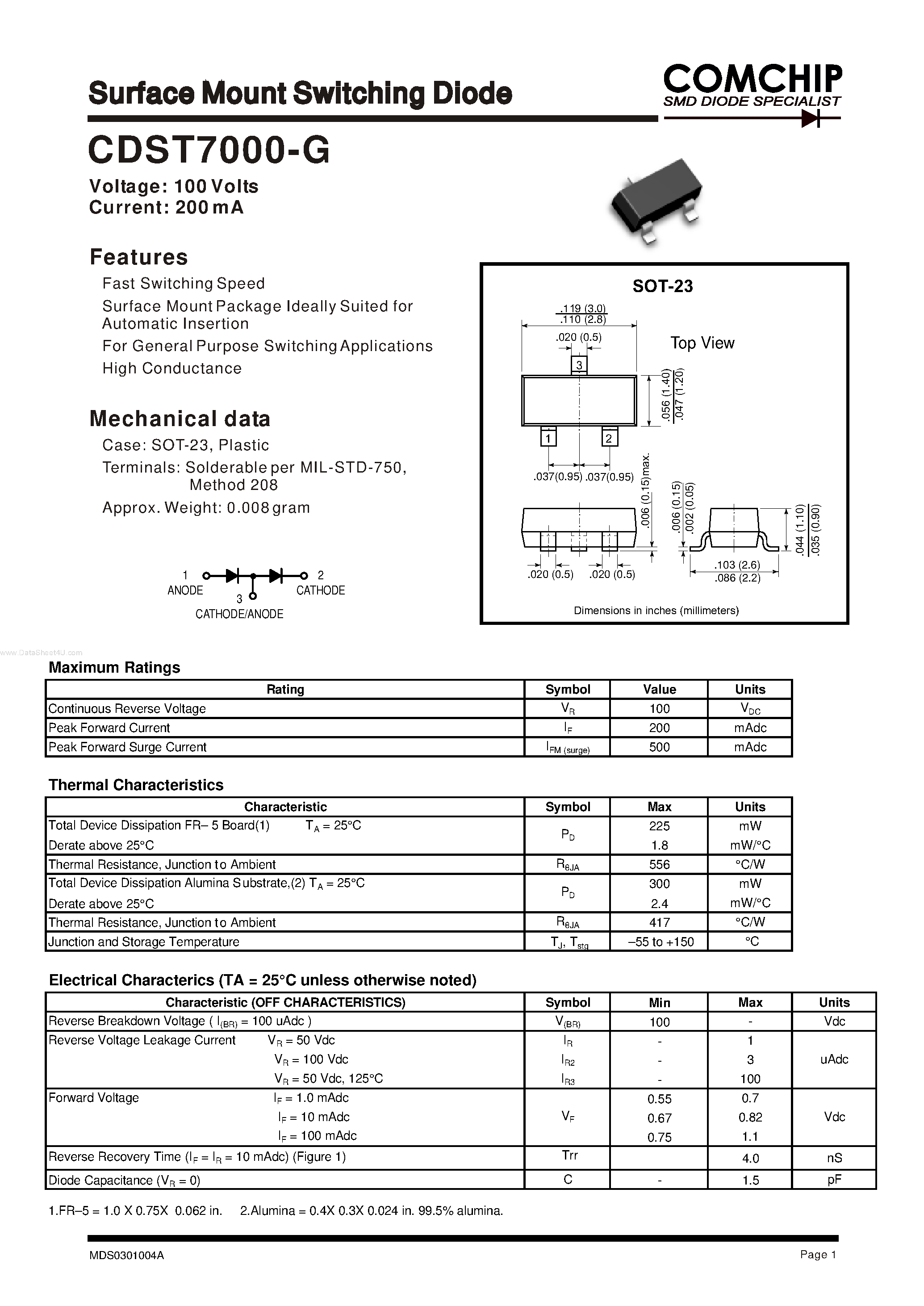 Даташит CDST7000-G - Surface Mount Switching Diode страница 1