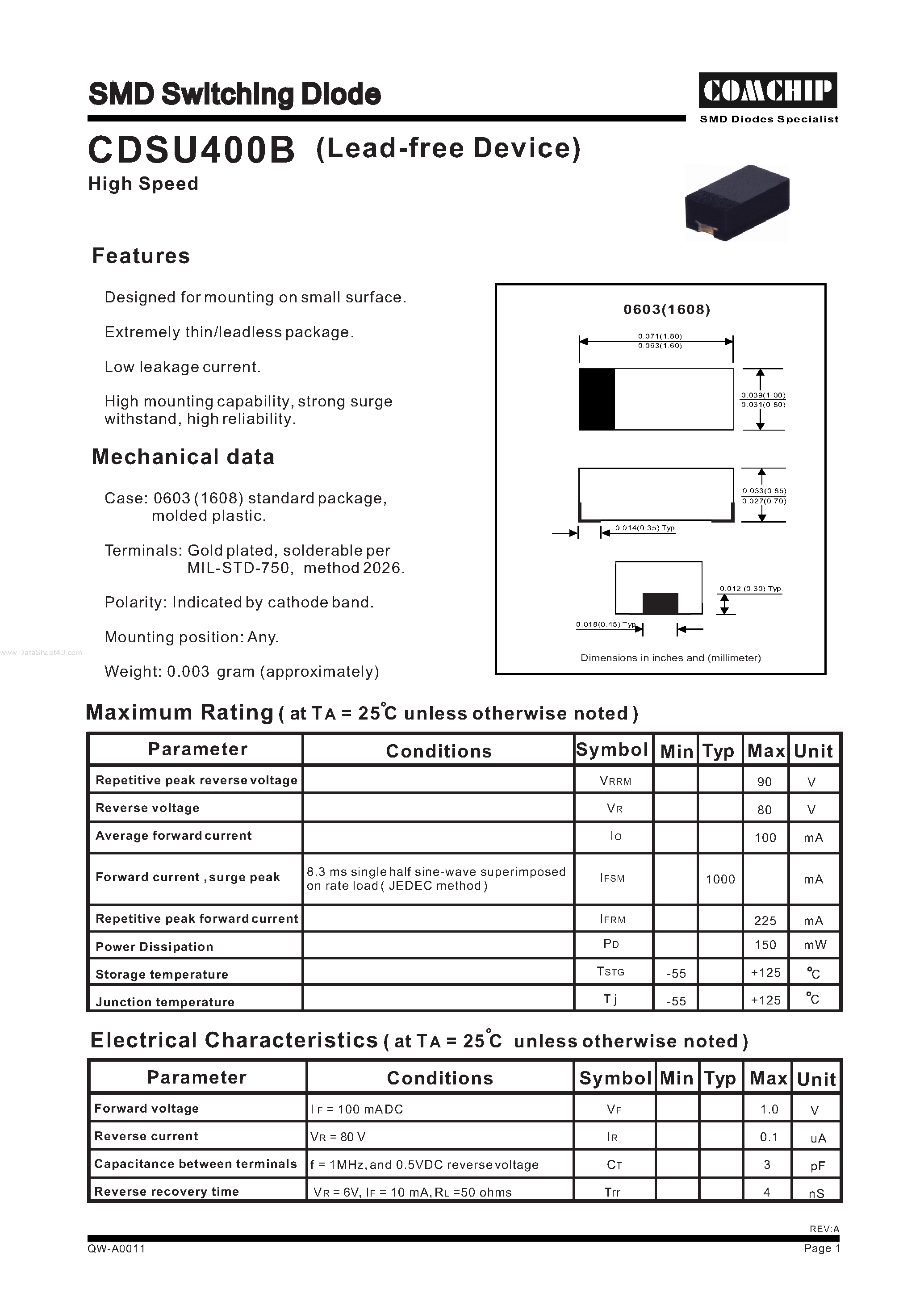 Даташит на микросхему CDSU400B страница 1 Даташит CDSU400B - SMD Switching Diode страница 1