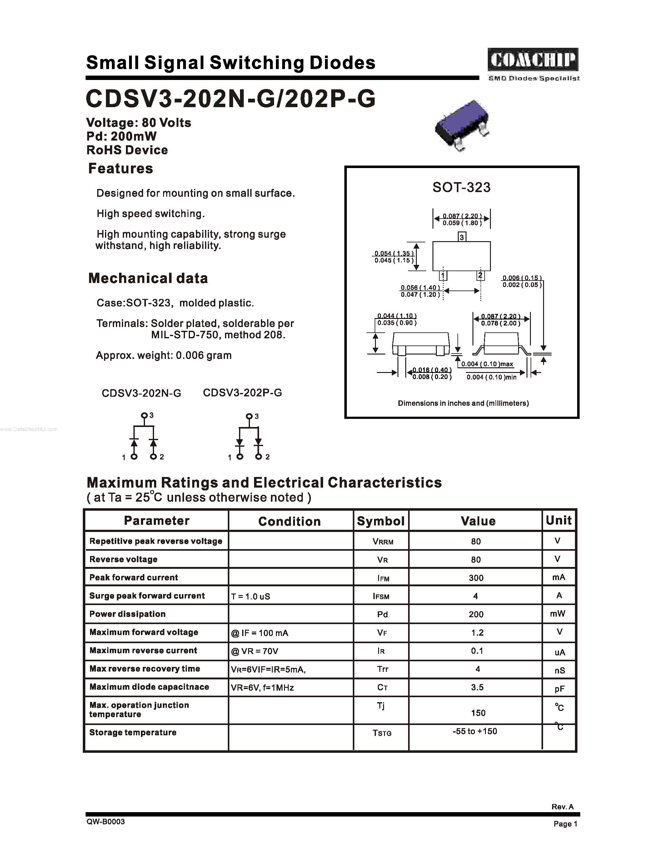 Даташит CDSV3-202N-G - Small-Signal Switching Diode страница 1