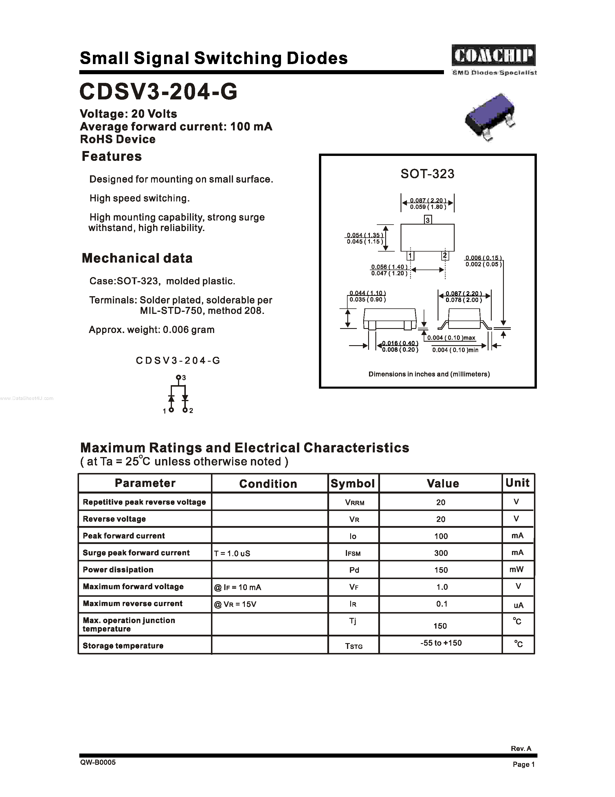 Datasheet CDSV3-204-G - Small-Signal Switching Diode page 1