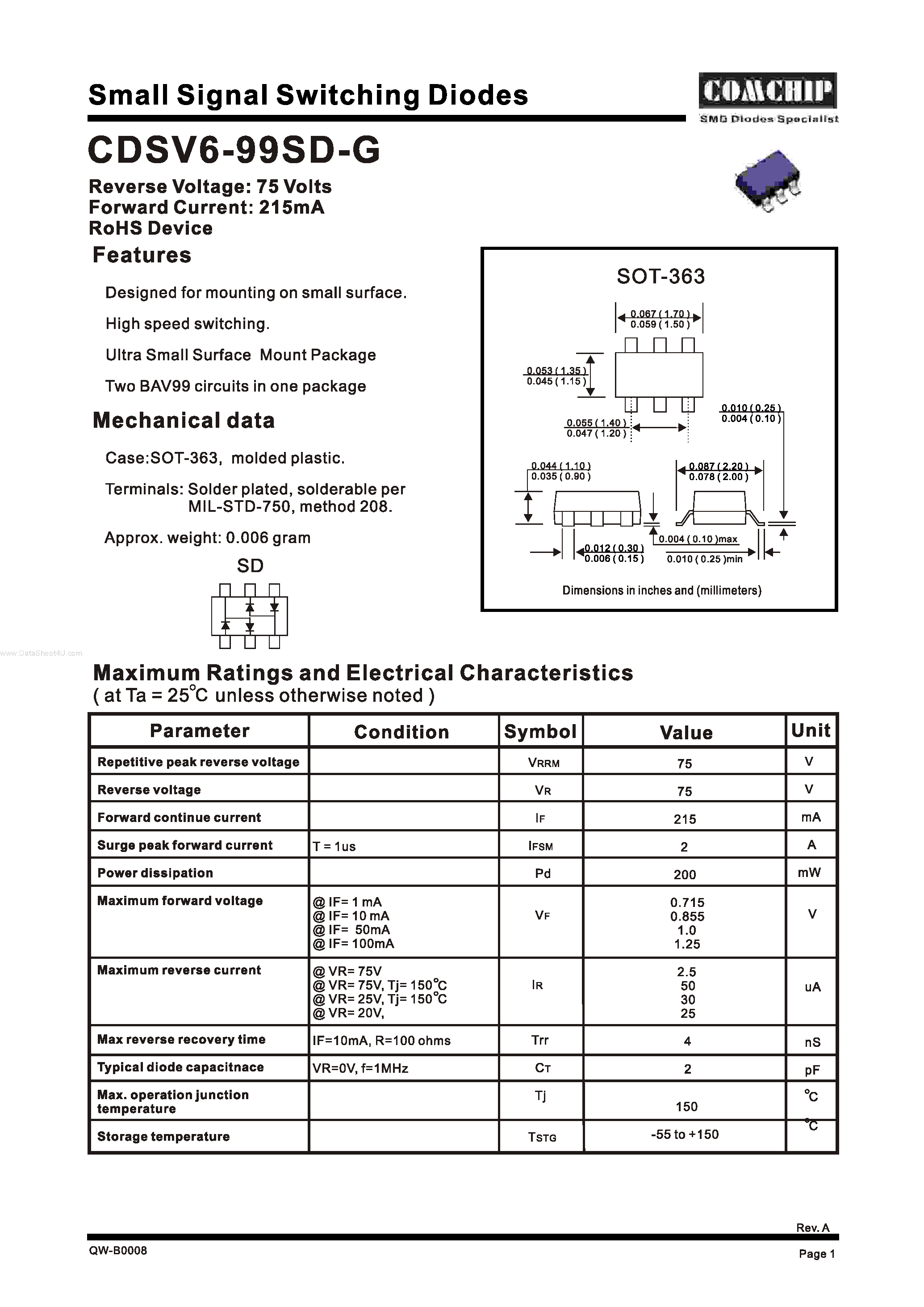 Даташит CDSV6-99SD-G - Small-Signal Switching Diode страница 1