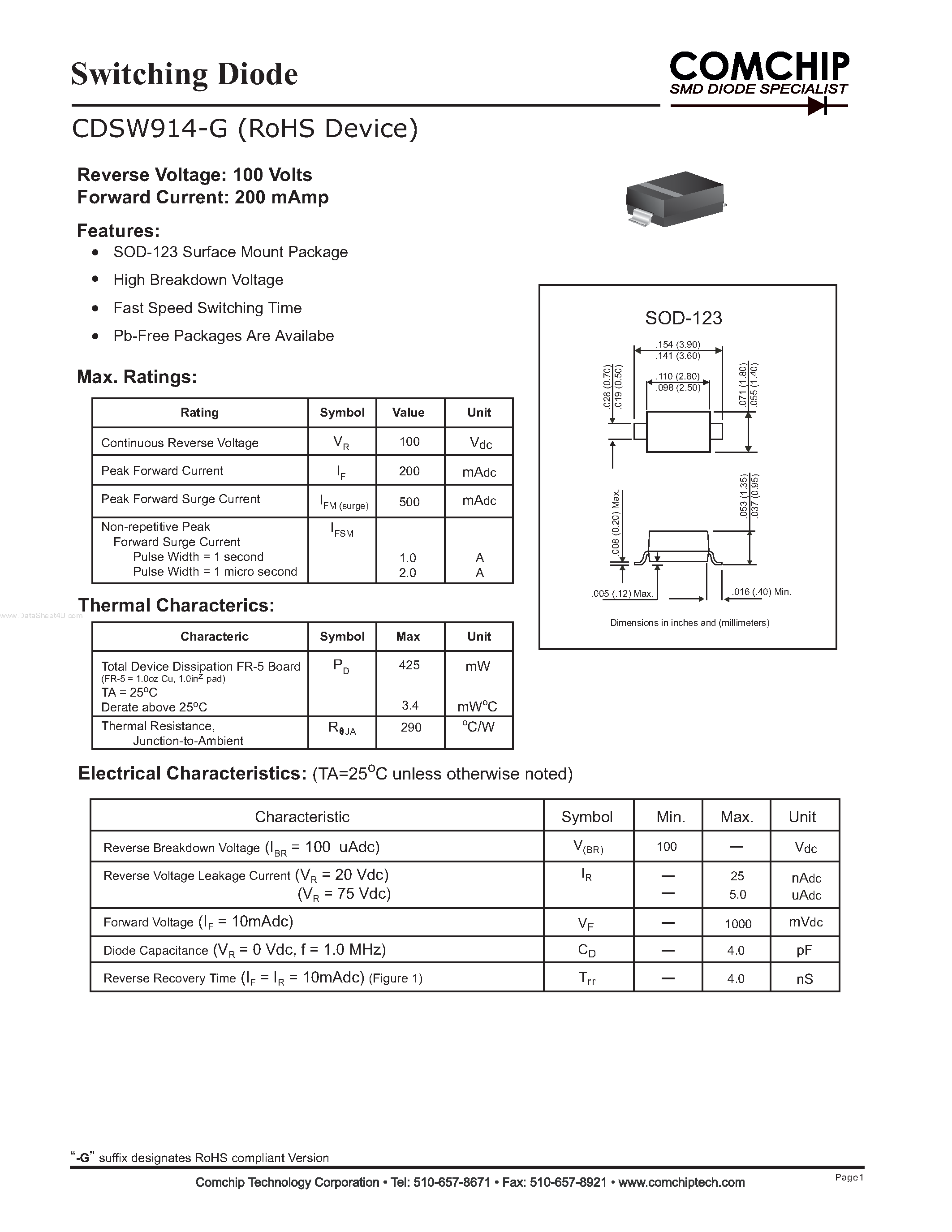 Даташит CDSW914-G - Switching Diode страница 1