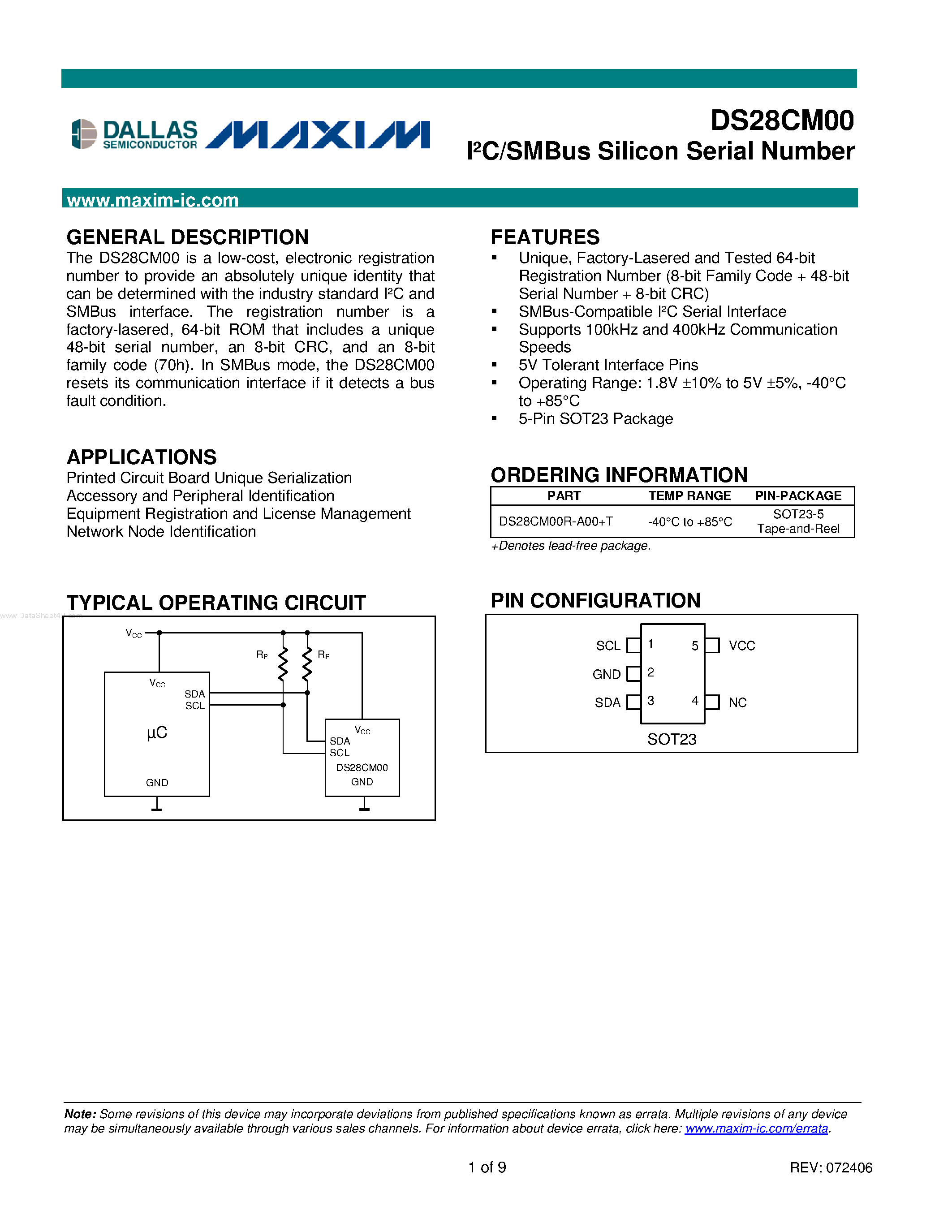 Datasheet DS28CM00 - SMBus Silicon Serial Number page 1
