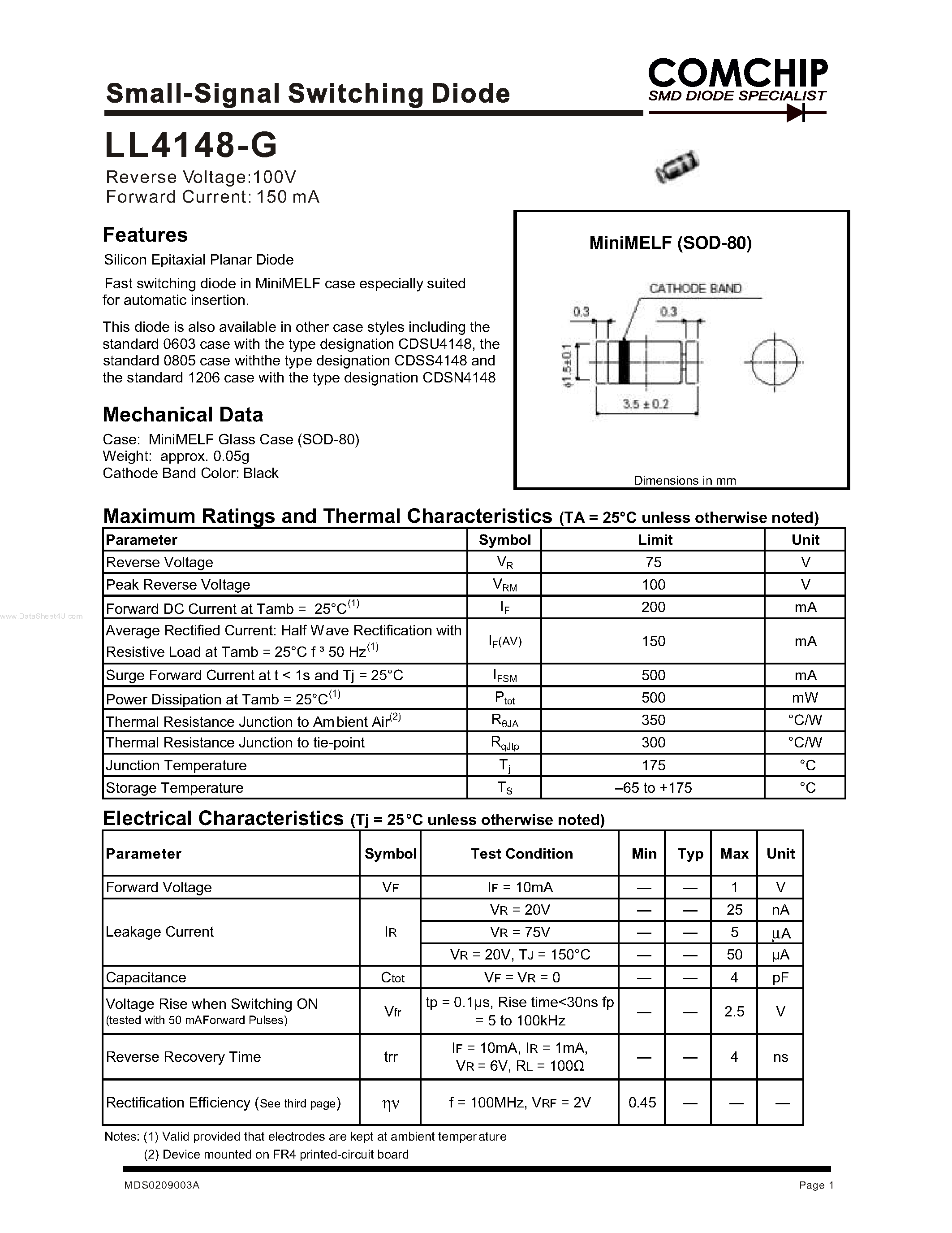 Даташит LL4148-G - Small-Signal Switching Diode страница 1