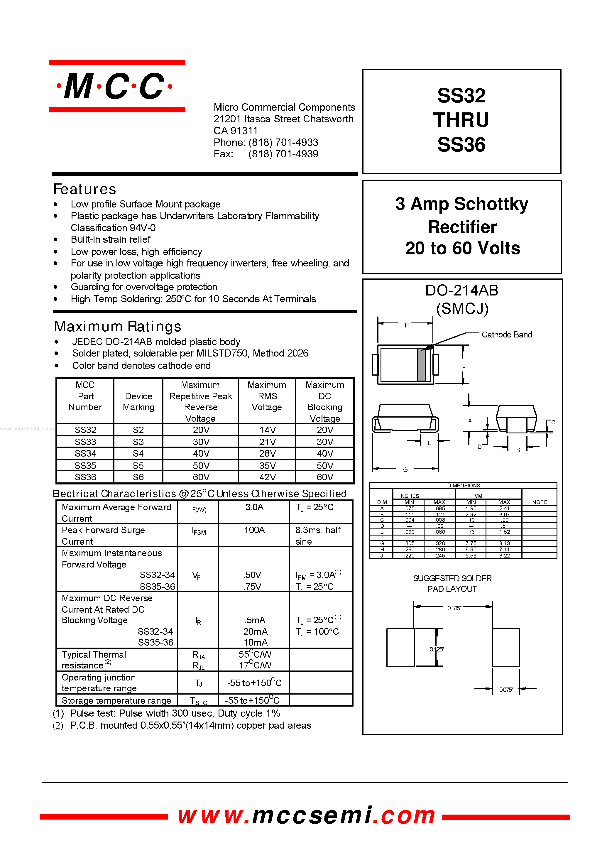 Datasheet SS32 - (SS32 - SS36) Schottky Rectifier page 1