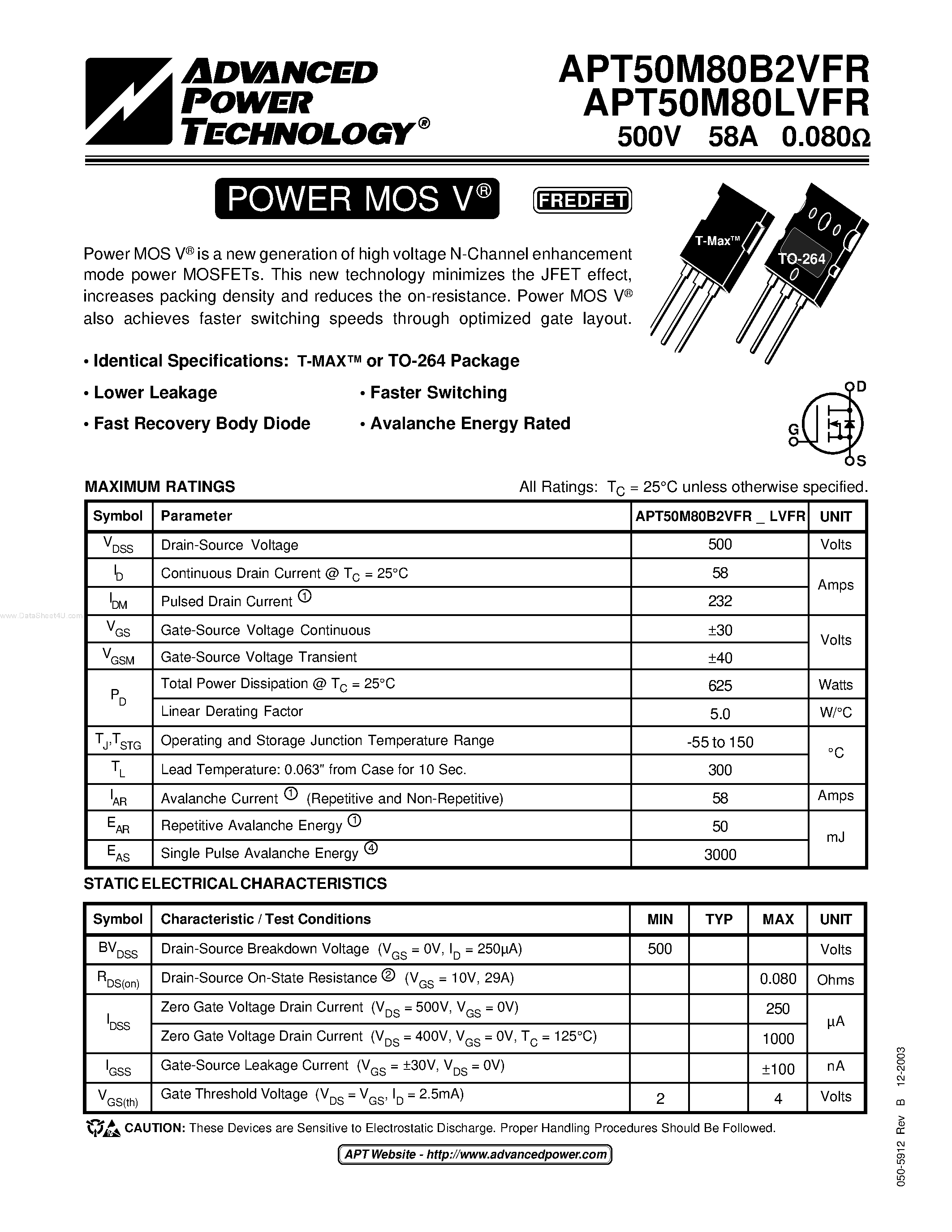 Datasheet APT50M80LVFR - POWER MOS V page 1