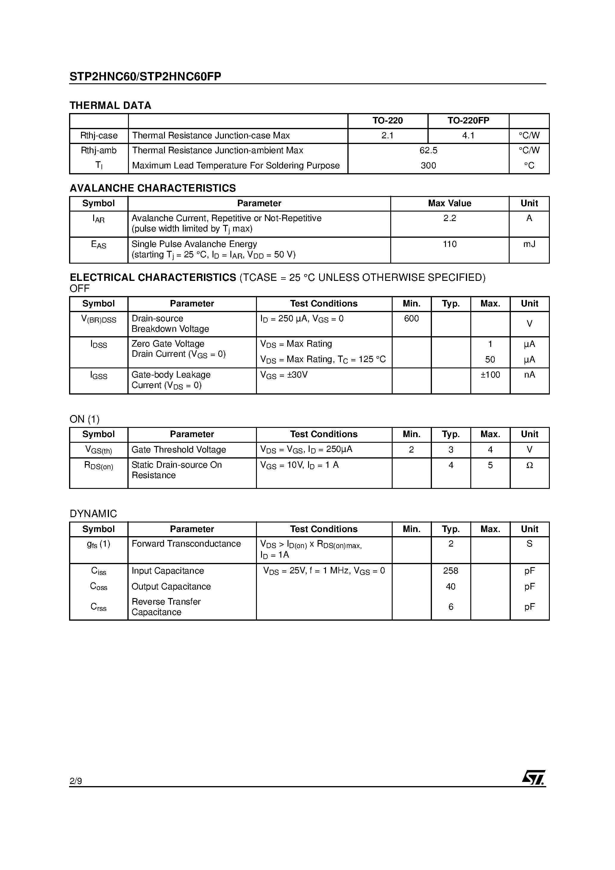 Datasheet P2HNC60F page 2 Datasheet P2HNC60F - Search -----> STP2HNC60FP page 2