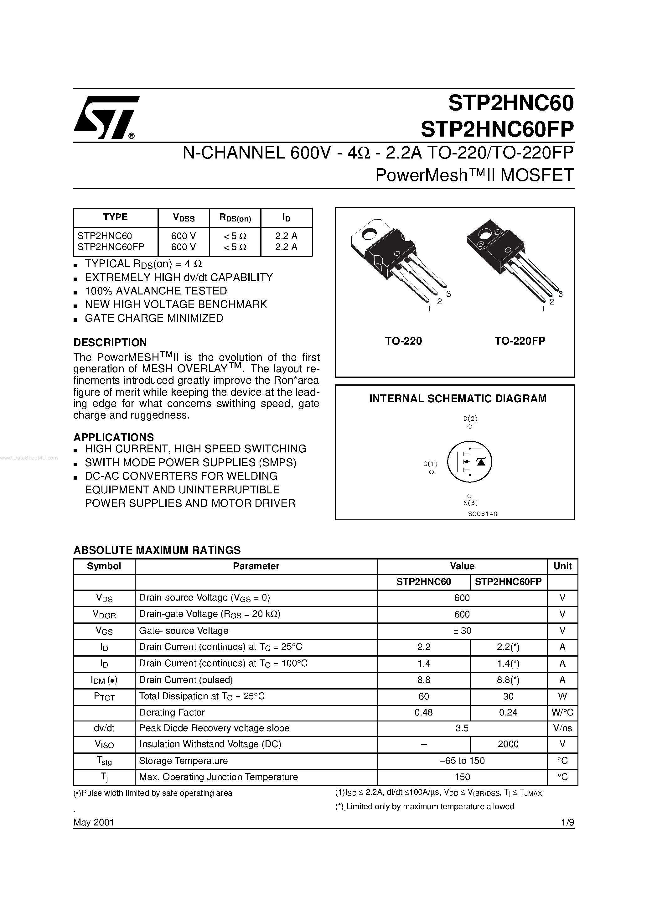 Datasheet STP2HNC60 page 1 Datasheet STP2HNC60 - N-CHANNEL MOSFET page 1