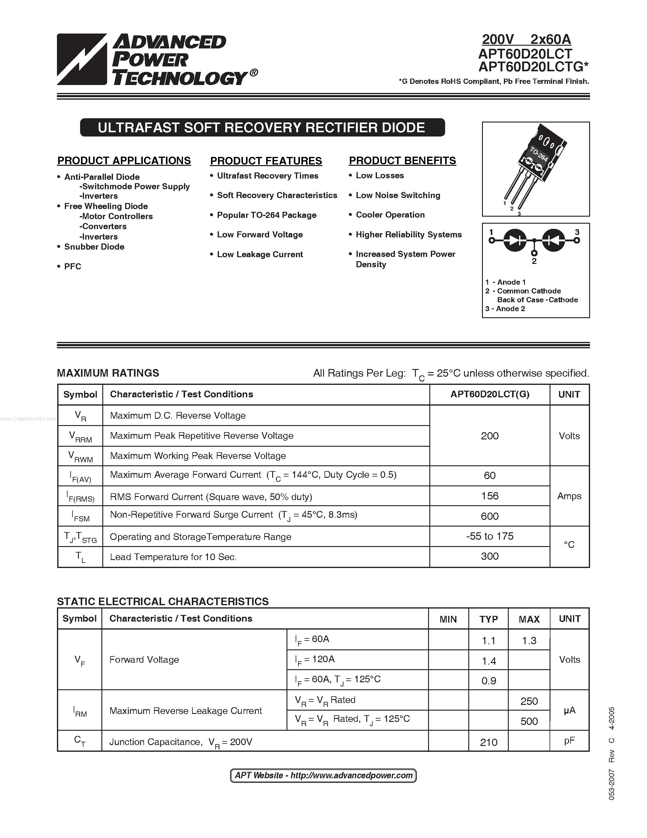 Datasheet APT60D20LCTG page 1 Datasheet APT60D20LCTG - ULTRAFAST SOFT RECOVERY RECTIFIER DIODE page 1