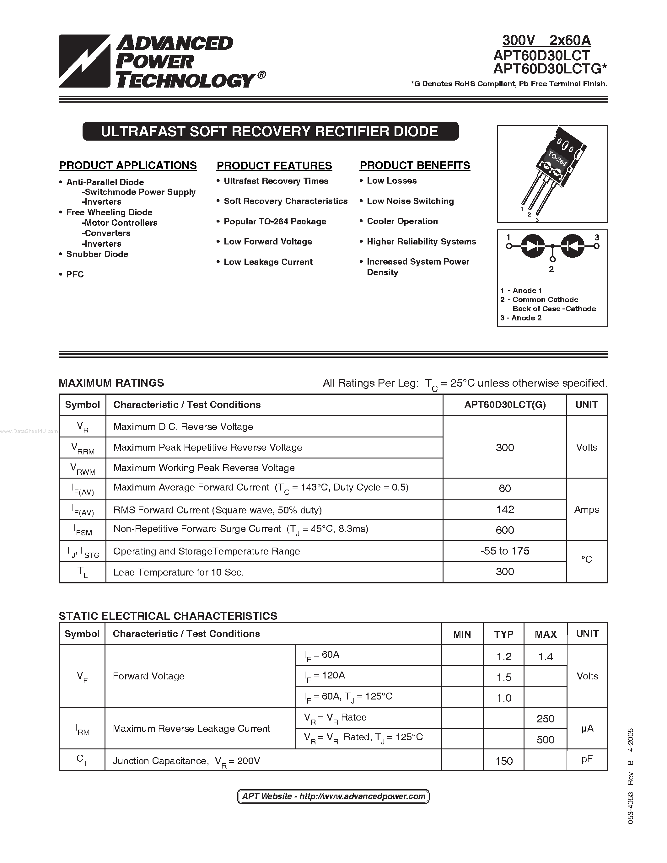 Datasheet APT60D30LCTG page 1 Datasheet APT60D30LCTG - ULTRAFAST SOFT RECOVERY RECTIFIER DIODE page 1