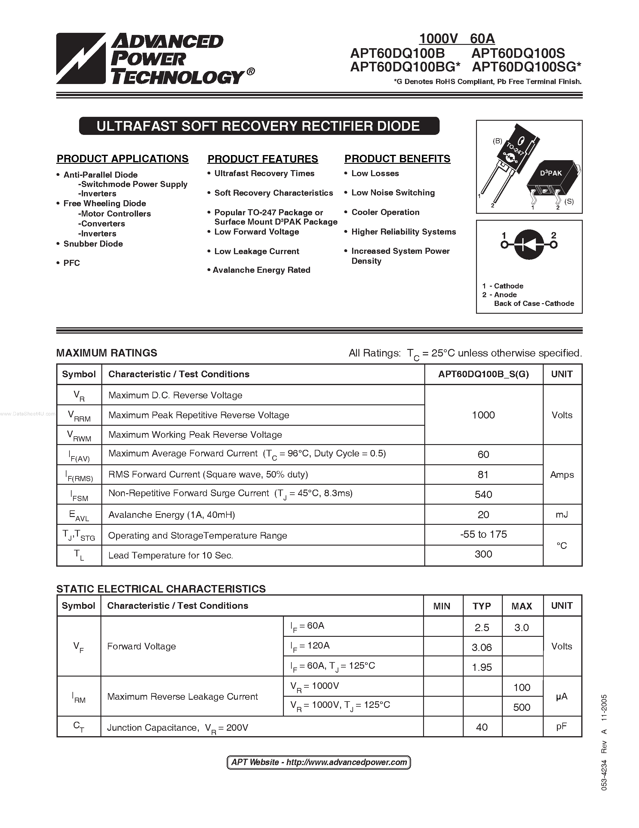 Datasheet APT60DQ100BG page 1 Datasheet APT60DQ100BG - ULTRAFAST SOFT RECOVERY RECTIFIER DIODE page 1