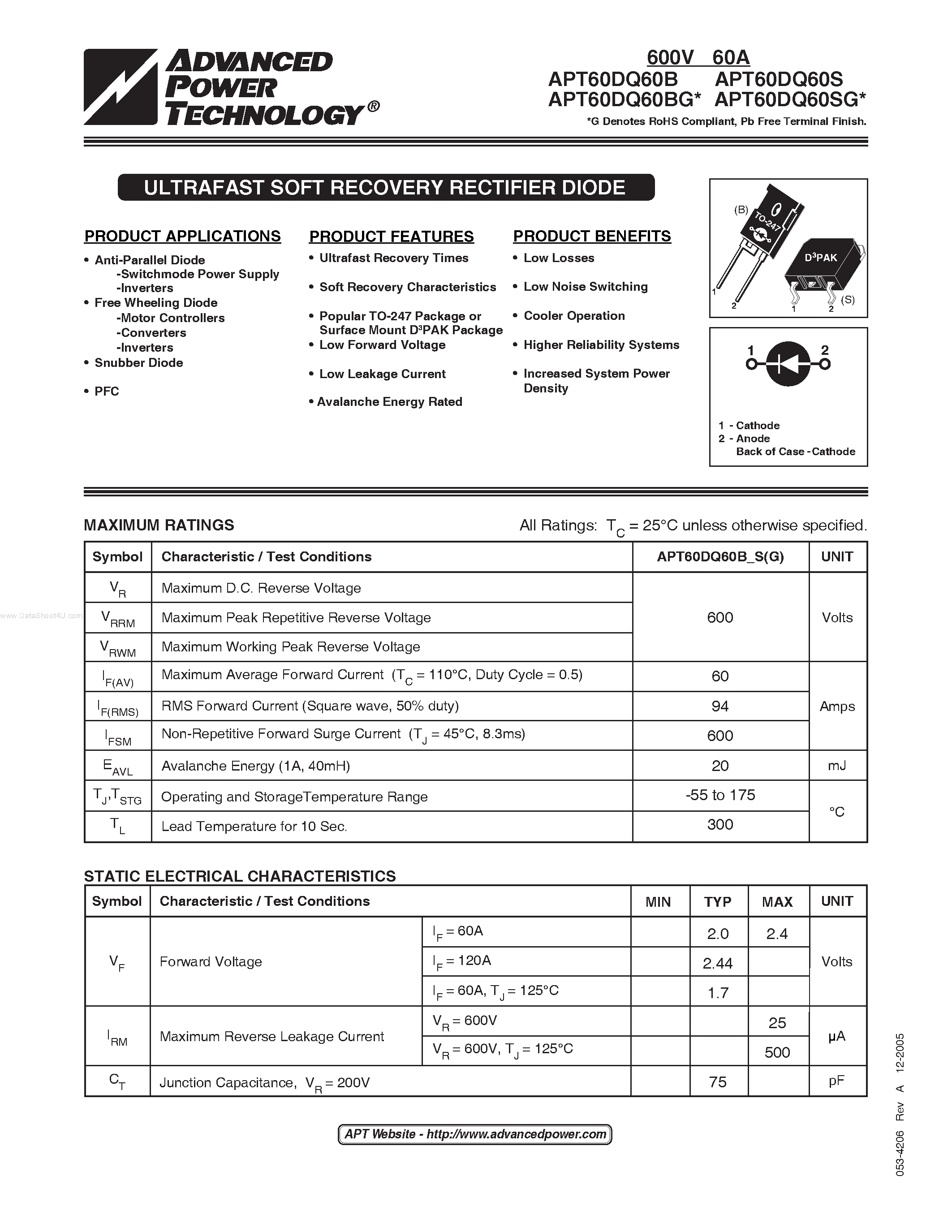 Datasheet APT60DQ60B page 1 Datasheet APT60DQ60B - ULTRAFAST SOFT RECOVERY RECTIFIER DIODE page 1