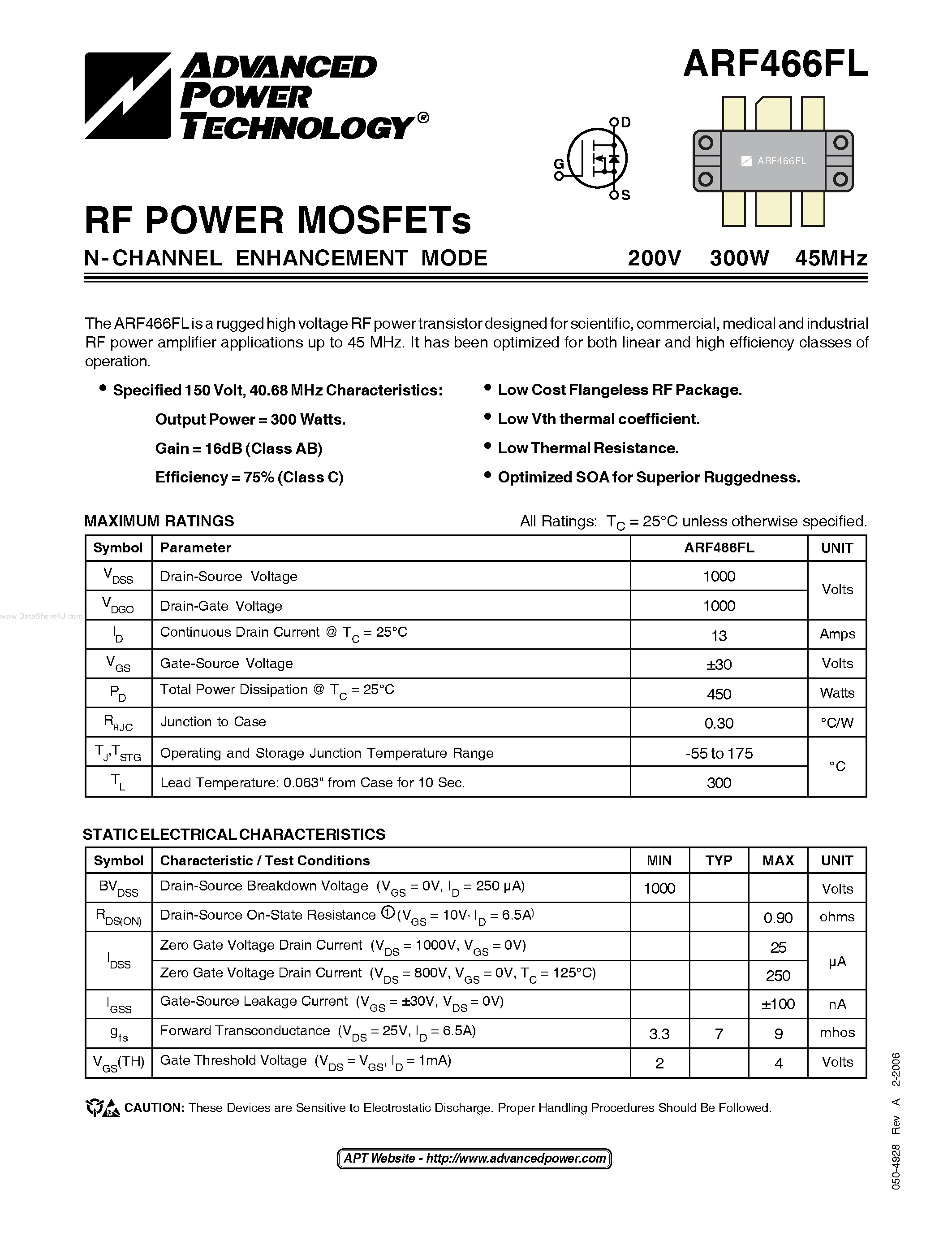 Datasheet ARF466FL - RF POWER MOSFETs N-CHANNEL ENHANCEMENT MODE page 1