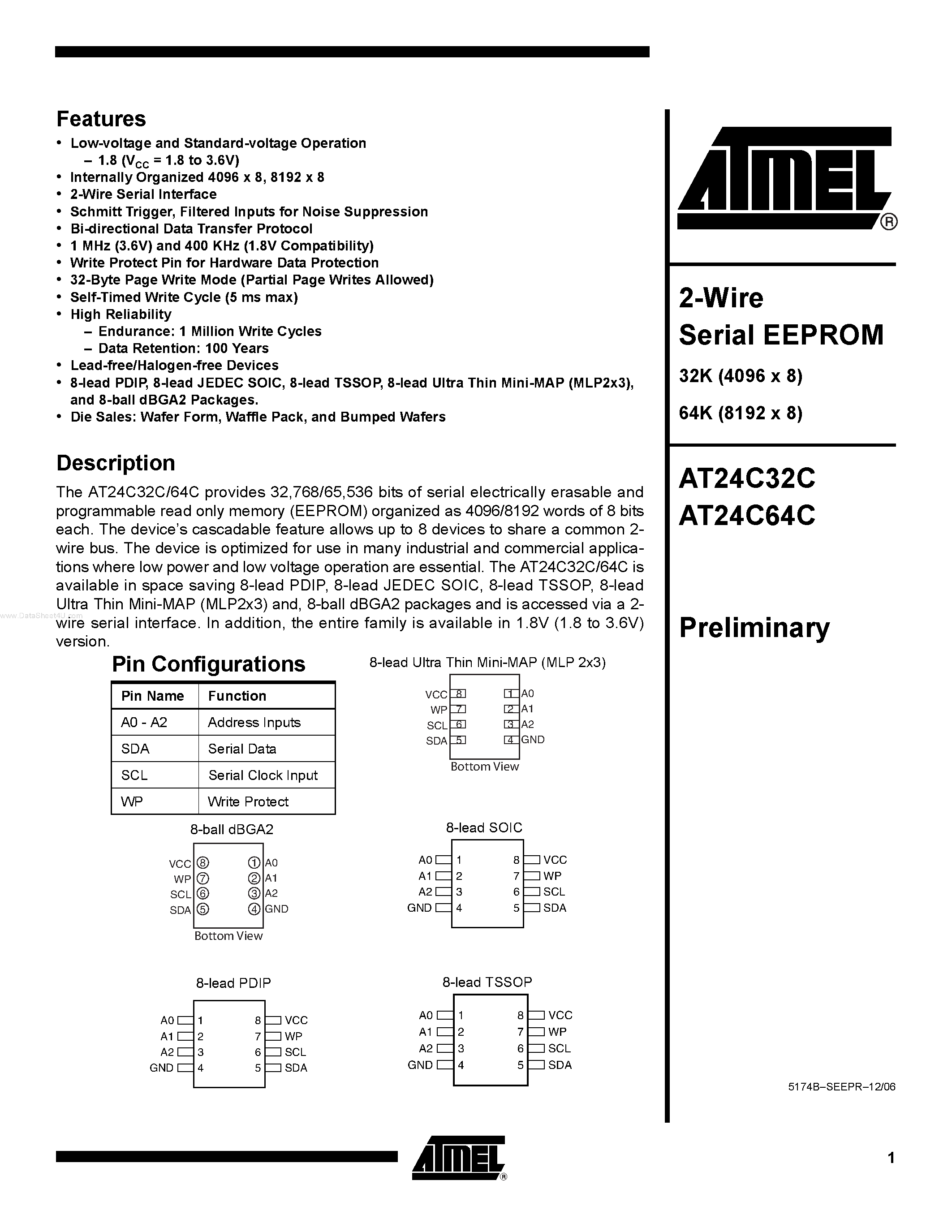 Datasheet AT24C32C - (AT24C32C / AT24C64C) 2-Wire Serial EEPROM page 1