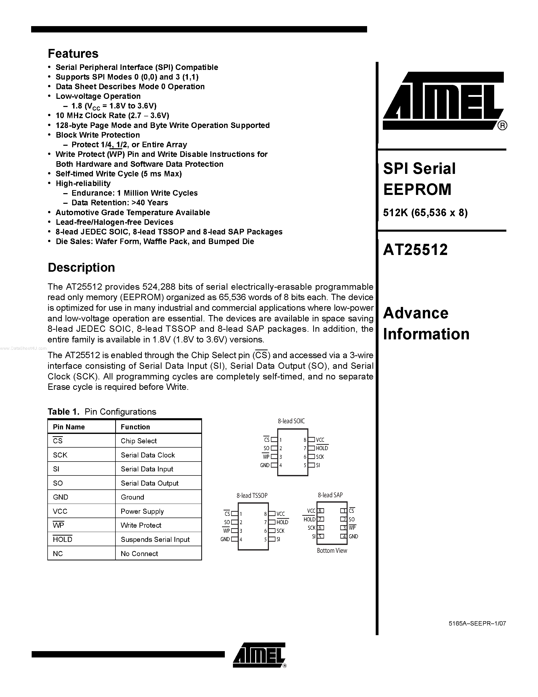 Datasheet AT25512 - SPI Serial EEPROM page 1