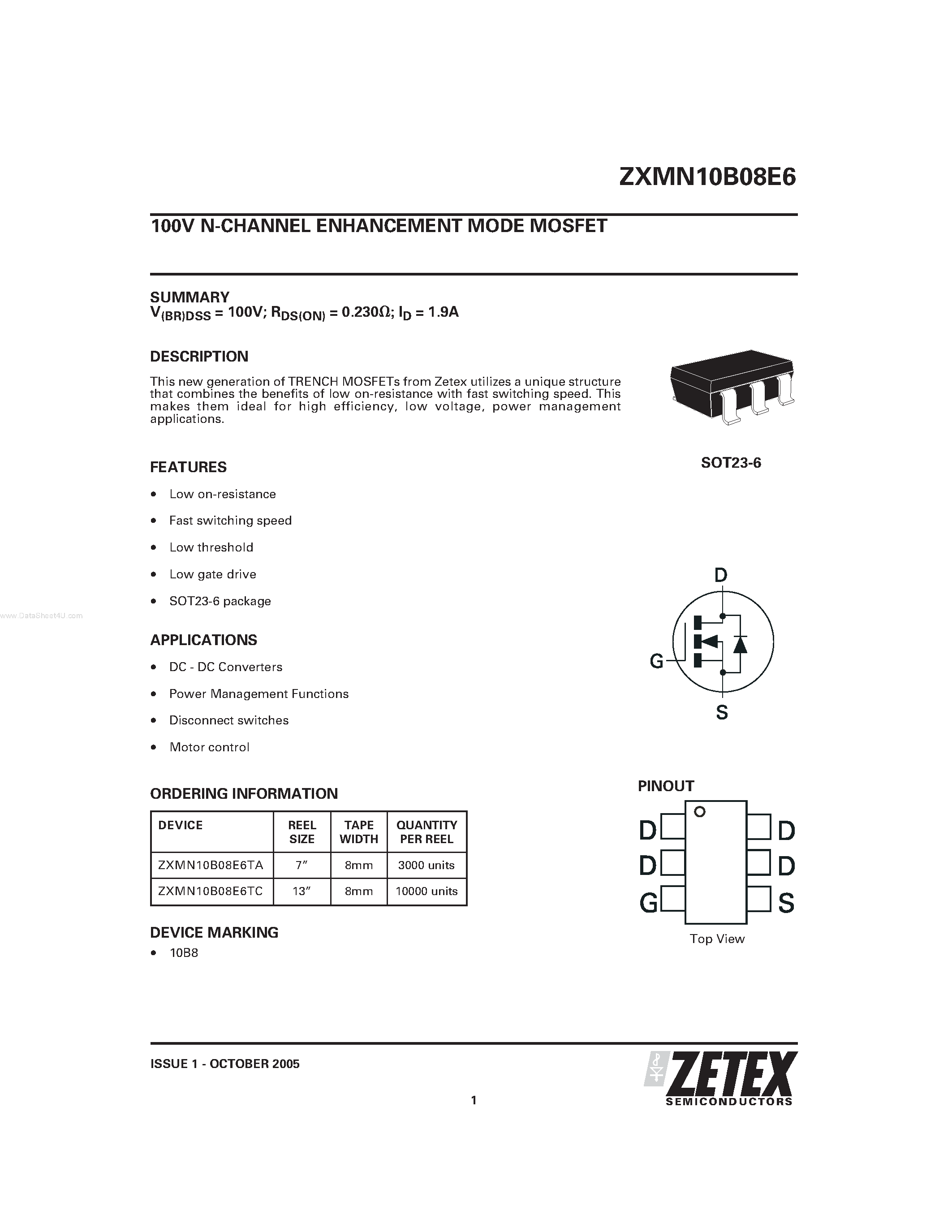 Datasheet ZXMN10B08E6 - N-CHANNEL ENHANCEMENT MODE MOSFET page 1