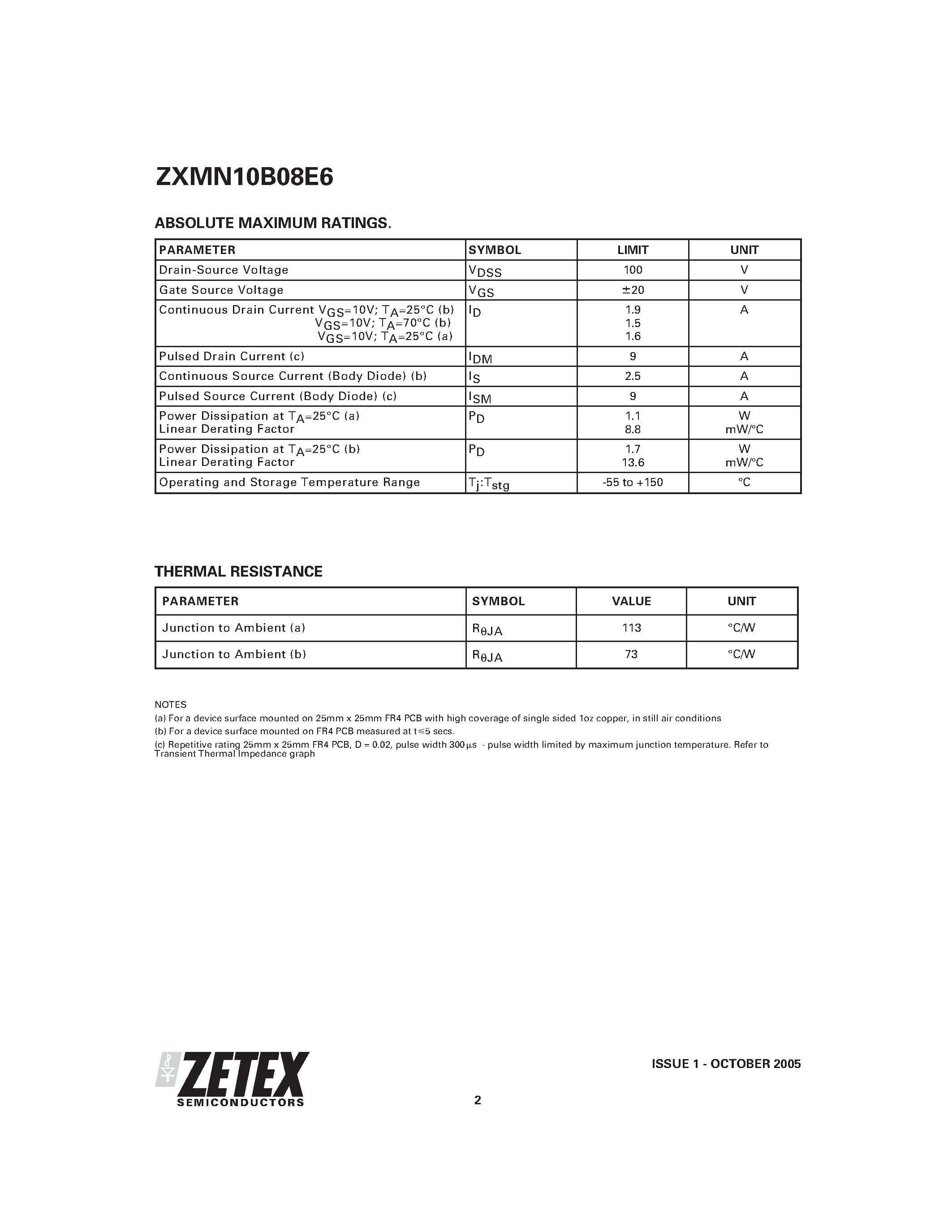 Datasheet ZXMN10B08E6 - N-CHANNEL ENHANCEMENT MODE MOSFET page 2
