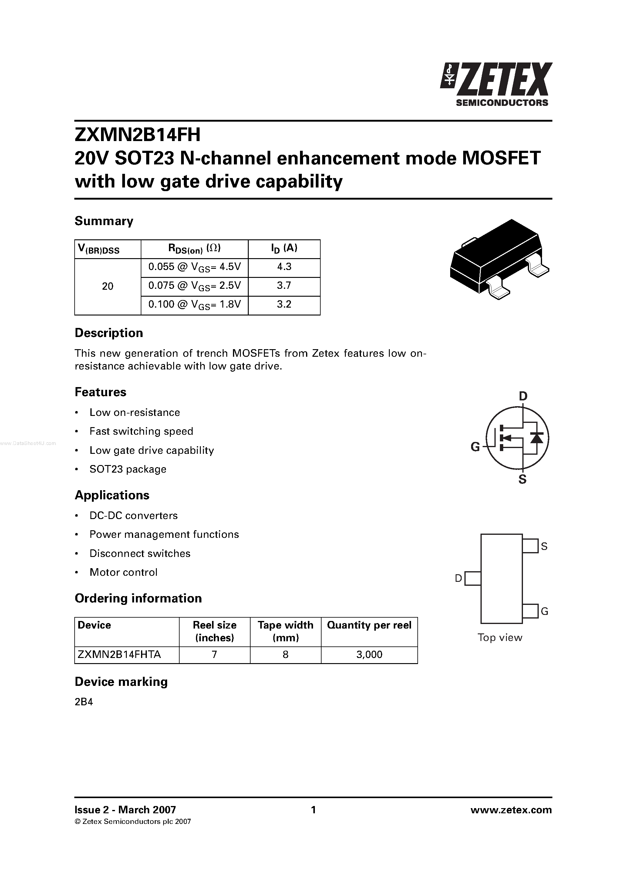 Datasheet ZXMN2B14FH page 1 Datasheet ZXMN2B14FH - SOT23 N-channel enhancement mode MOSFET page 1