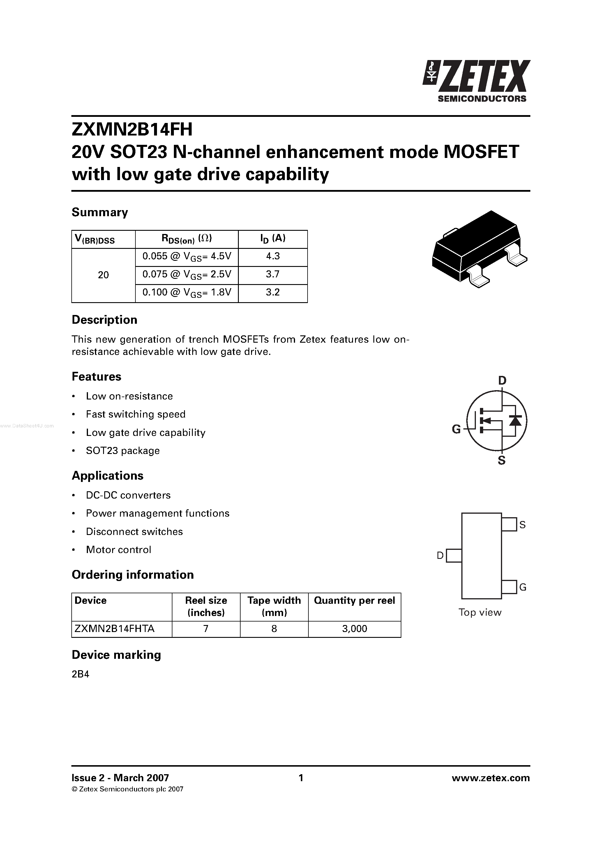Даташит ZXMN2B14FH - SOT23 N-channel enhancement mode MOSFET страница 1