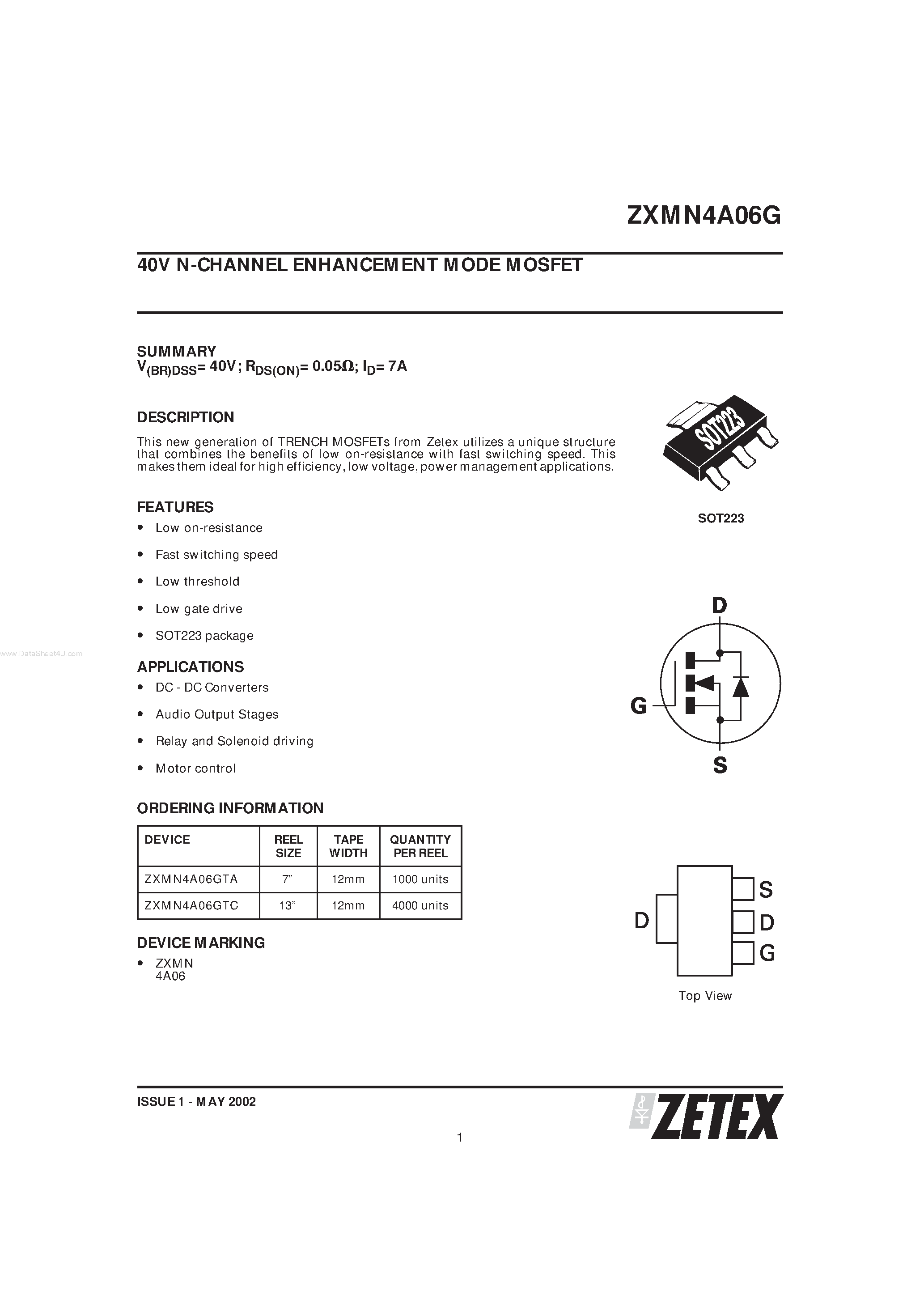 Datasheet ZXMN4A06G page 1 Datasheet ZXMN4A06G - N-CHANNEL ENHANCEMENT MODE MOSFET page 1