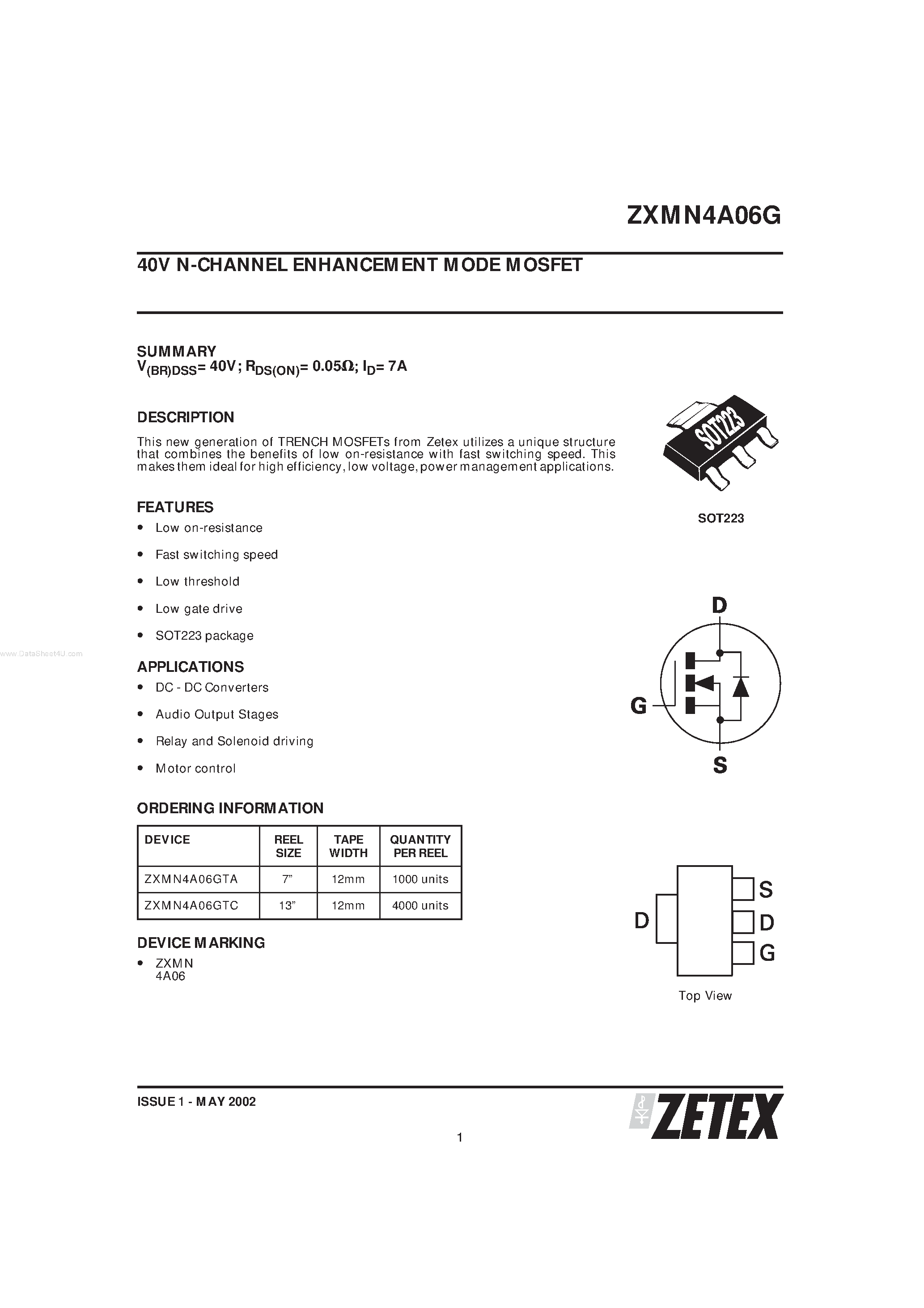 Даташит ZXMN4A06G - N-CHANNEL ENHANCEMENT MODE MOSFET страница 1