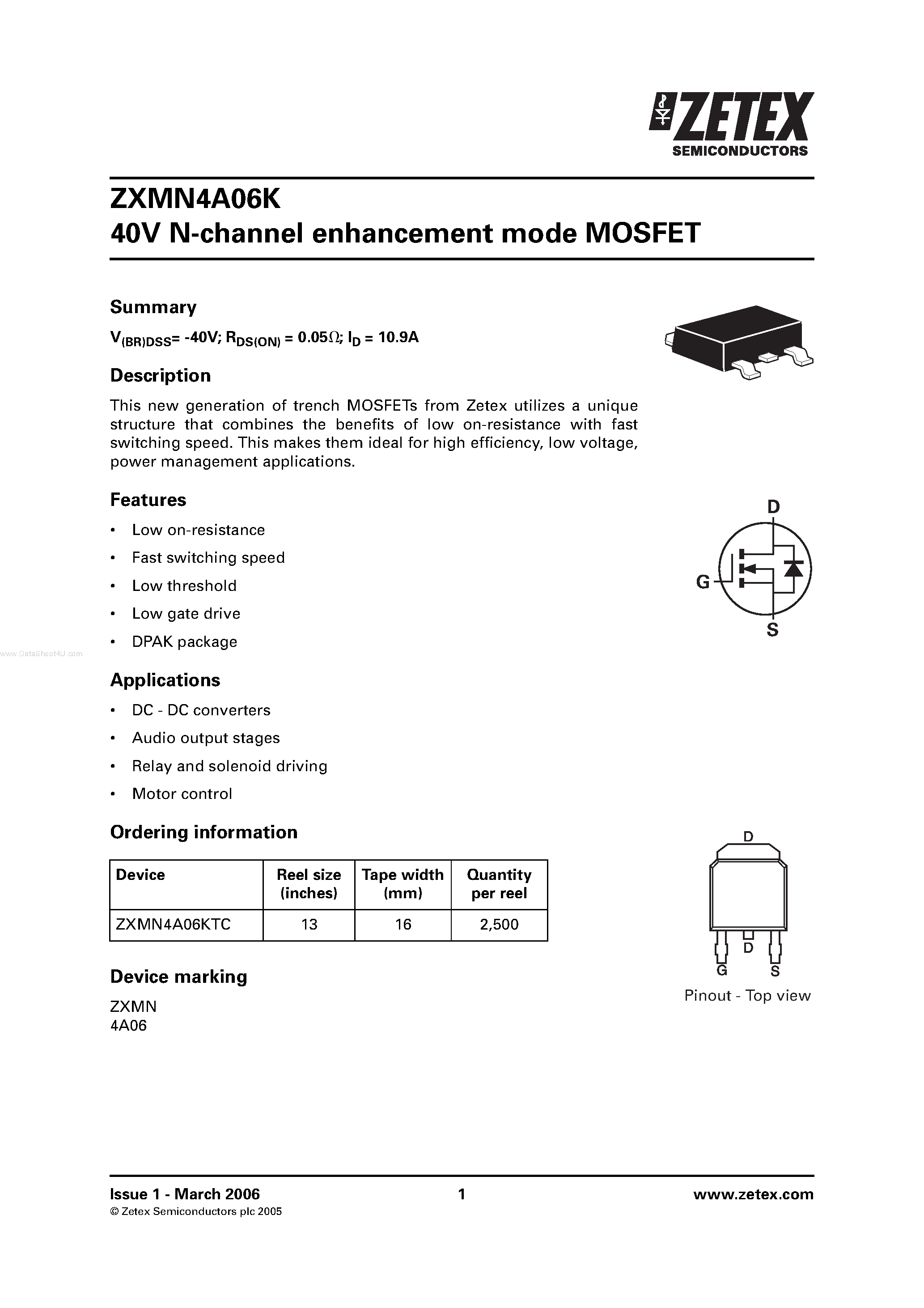 Datasheet ZXMN4A06K page 1 Datasheet ZXMN4A06K - N-channel enhancement mode MOSFET page 1