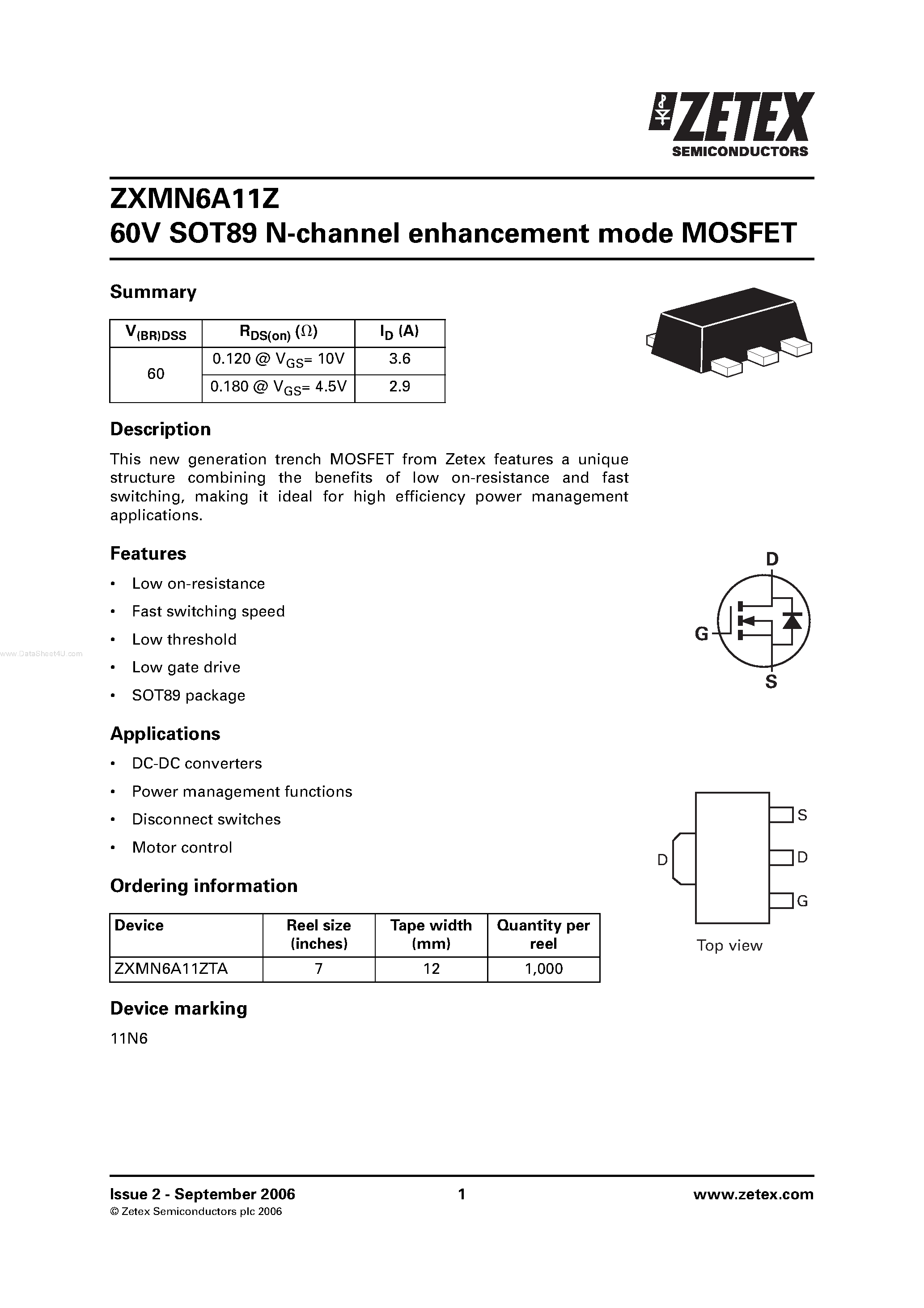 Даташит ZXMN6A11Z - SOT89 N-channel enhancement mode MOSFET страница 1
