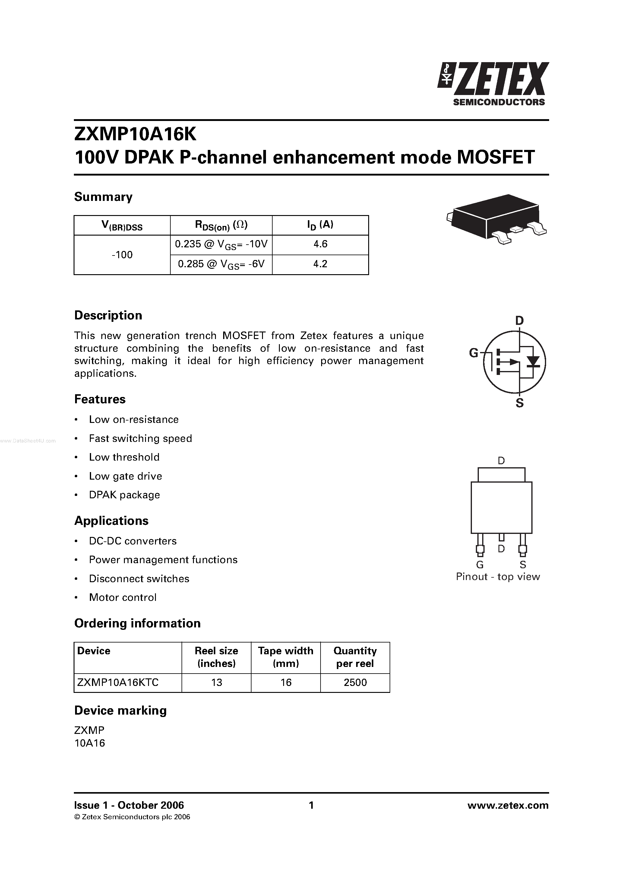 Даташит на микросхему ZXMP10A16K страница 1 Даташит ZXMP10A16K - DPAK P-channel enhancement mode MOSFET страница 1