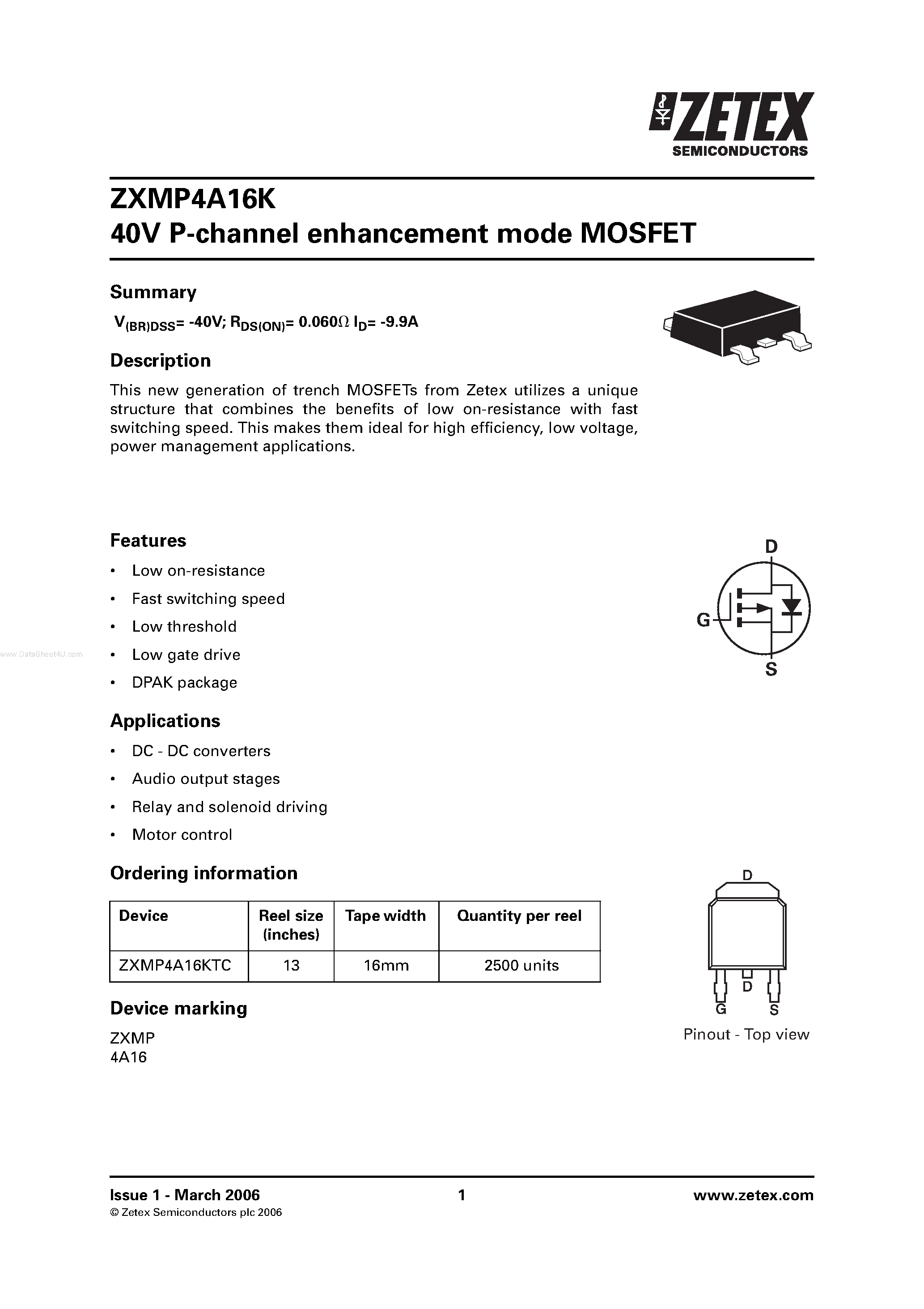 Даташит на микросхему ZXMP4A16K страница 1 Даташит ZXMP4A16K - P-channel enhancement mode MOSFET страница 1