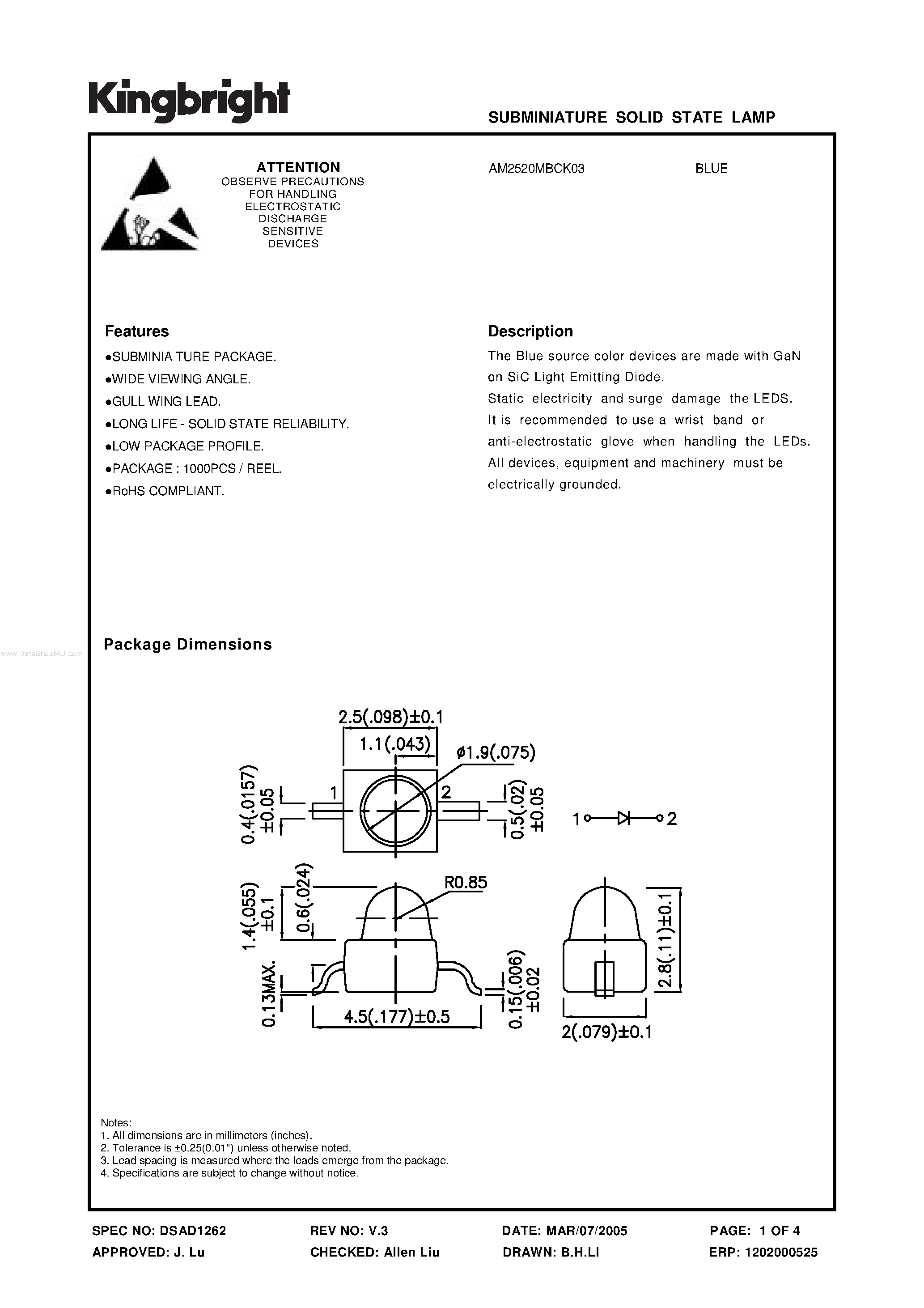 Datasheet AM2520MBCK03 - SUBMINIATURE SOLID STATE LAMP page 1