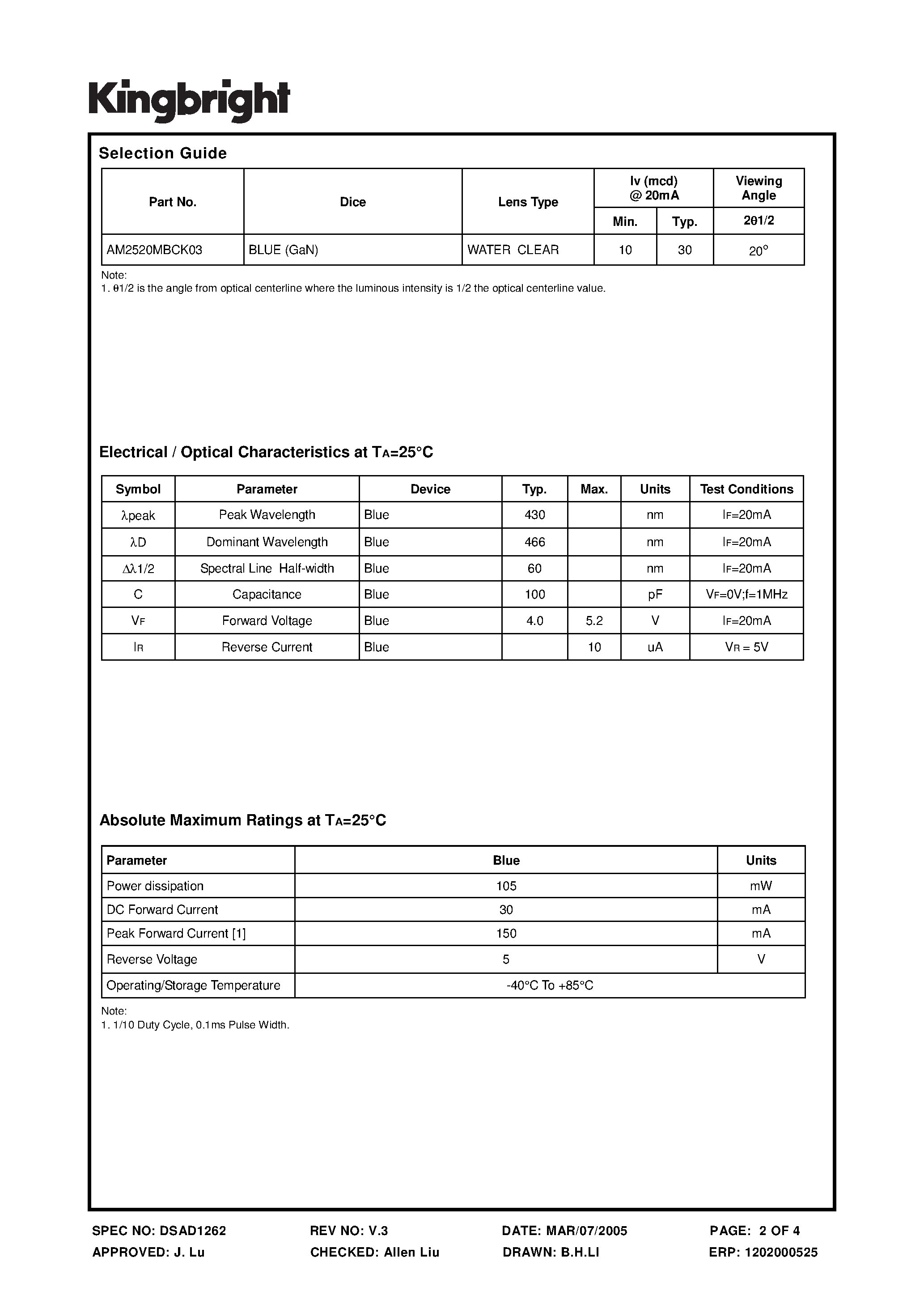 Datasheet AM2520MBCK03 - SUBMINIATURE SOLID STATE LAMP page 2