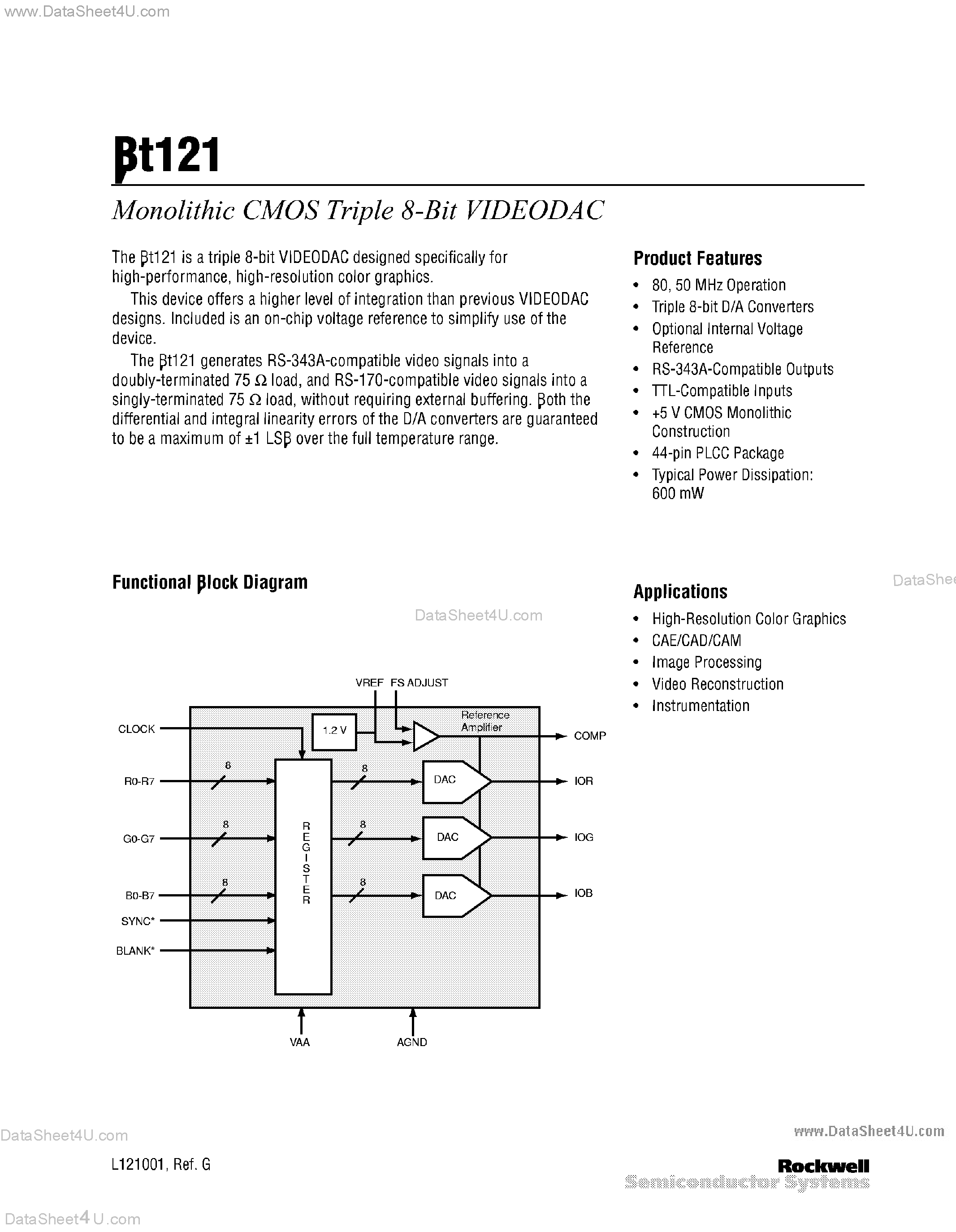 Даташит на микросхему BT121 страница 1 Даташит BT121 - Monolithic CMOS Triple 8-Bit VideoDac страница 1