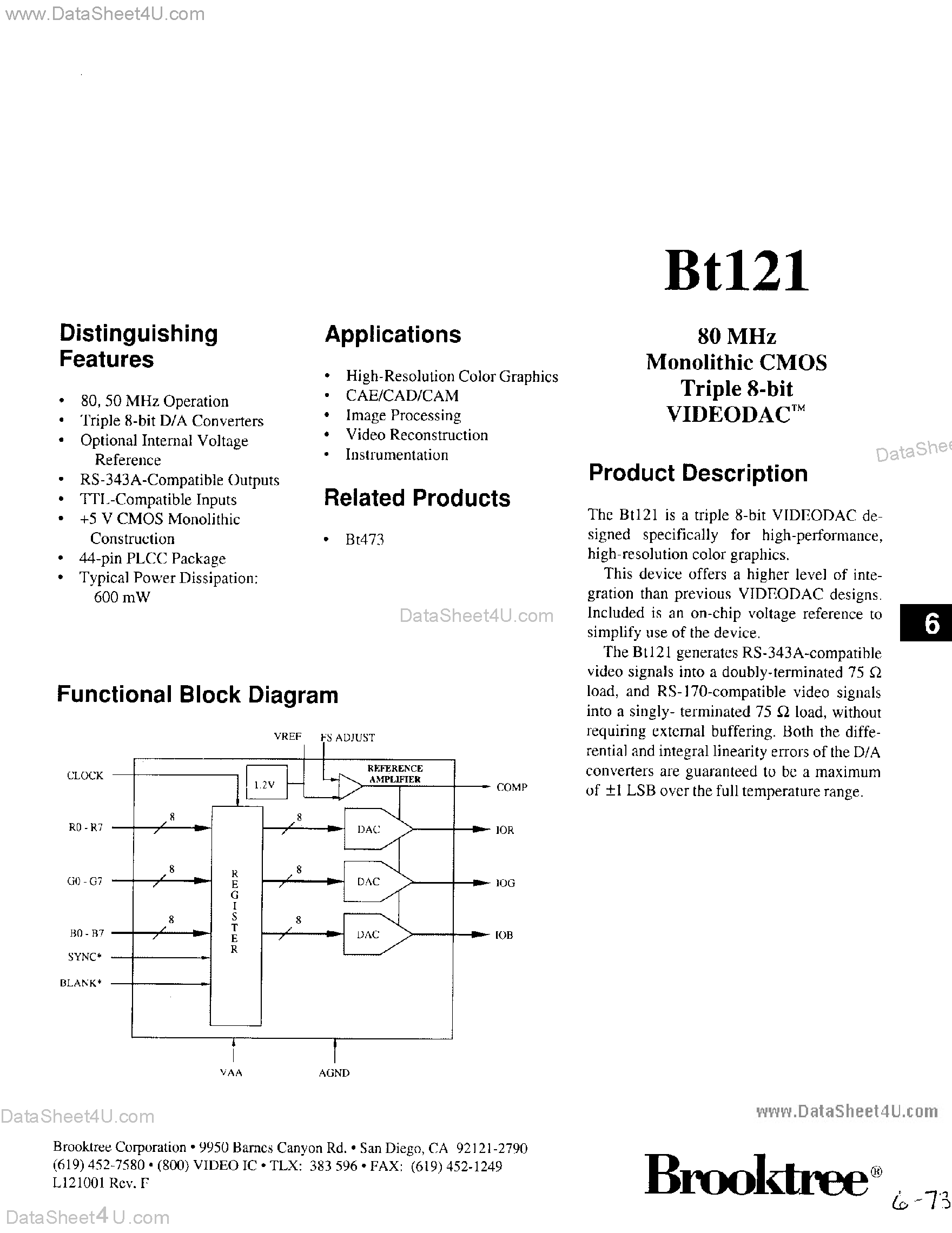 Даташит на микросхему BT121 страница 1 Даташит BT121 - Monolithic CMOS Triple 8-Bit VideoDac страница 1